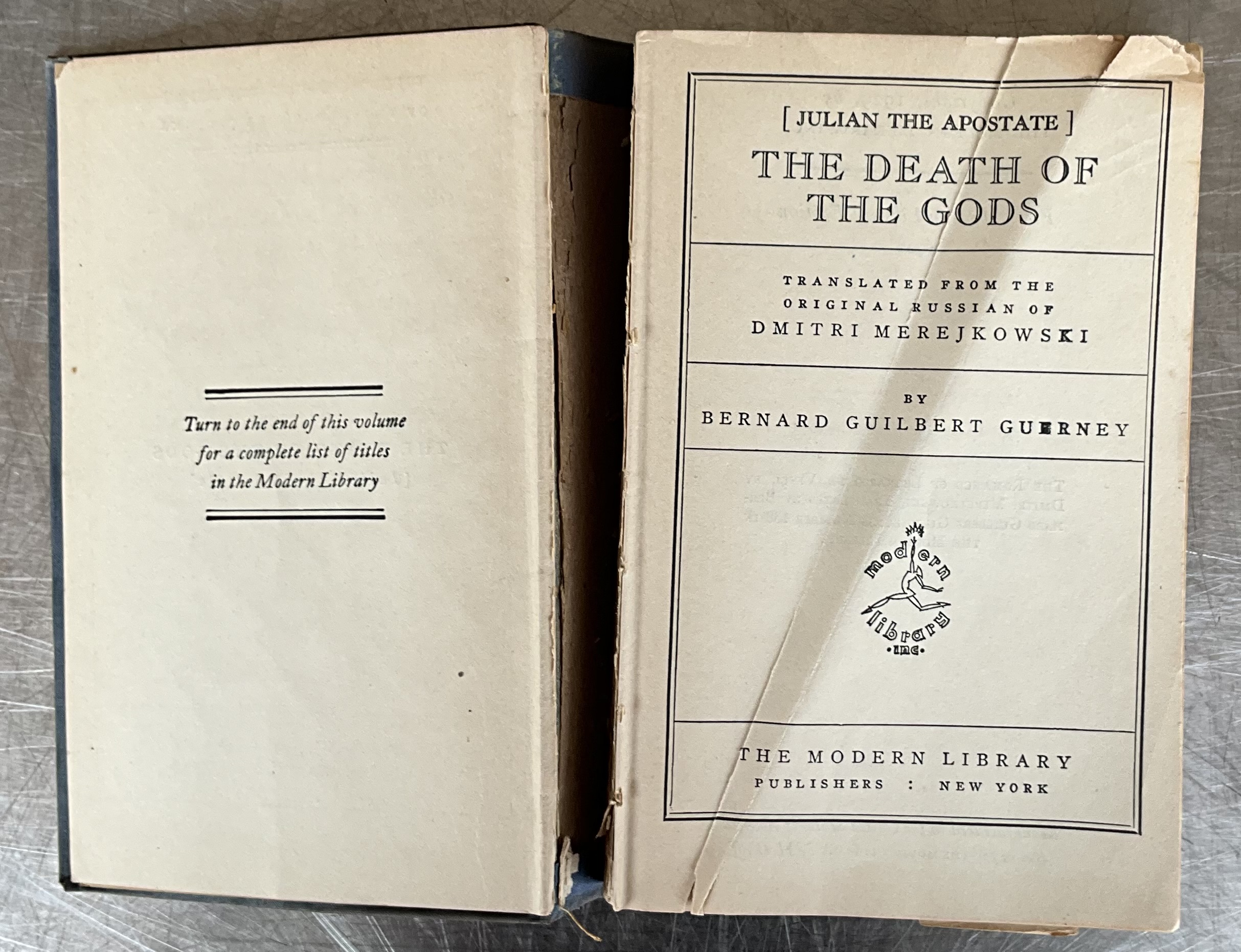 Vintage Regency First Modern Library Edition of Death of the Gods - Top view