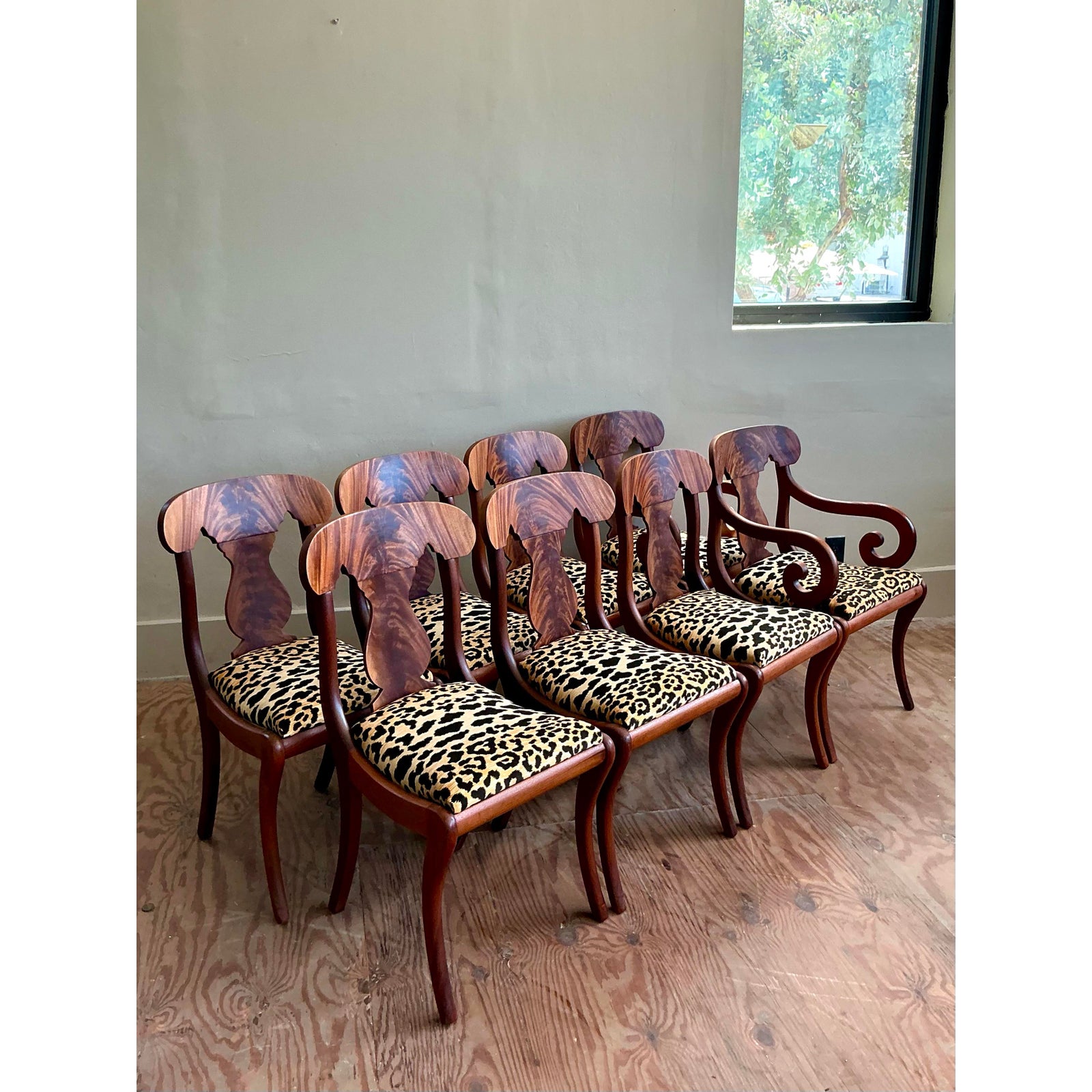 Vintage Regency Flame Mahogany Empire Dining Chairs - Set of 8 - Back view