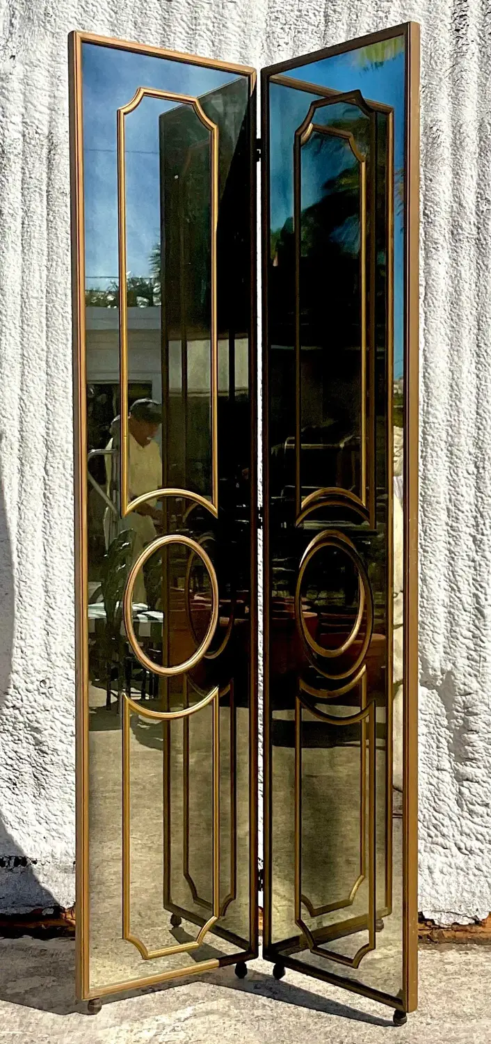Vintage Regency Gilt Mullion Smoked Mirror Folding Screen - Detail view
