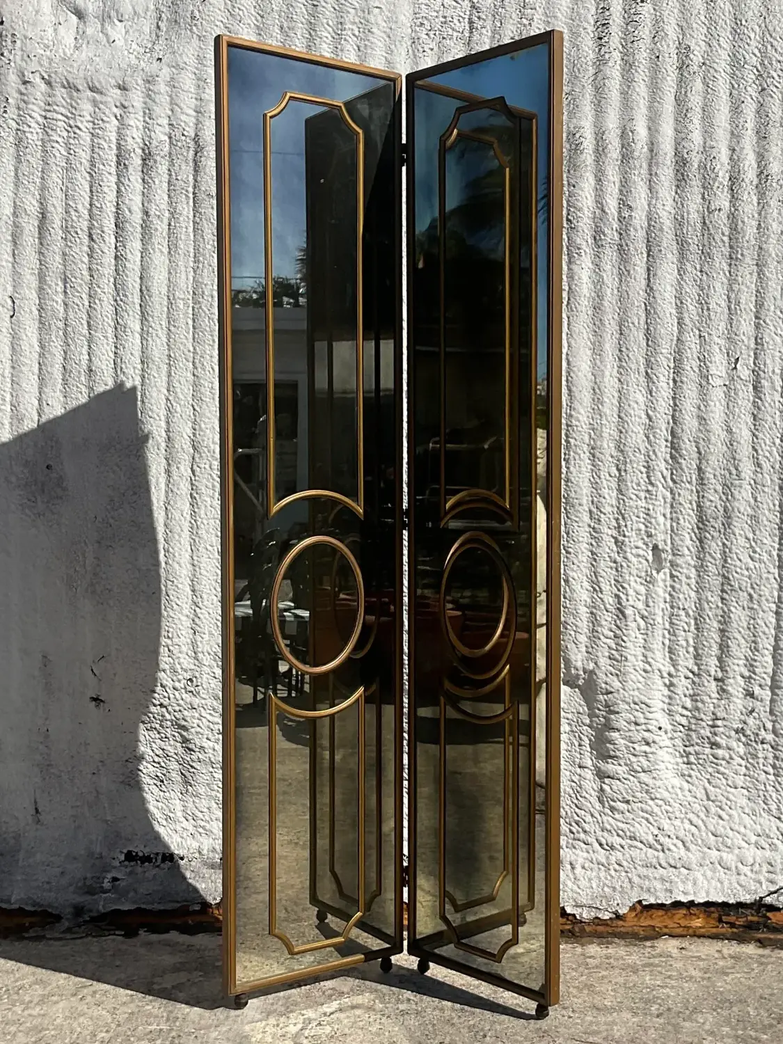 Vintage Regency Gilt Mullion Smoked Mirror Folding Screen - Top view