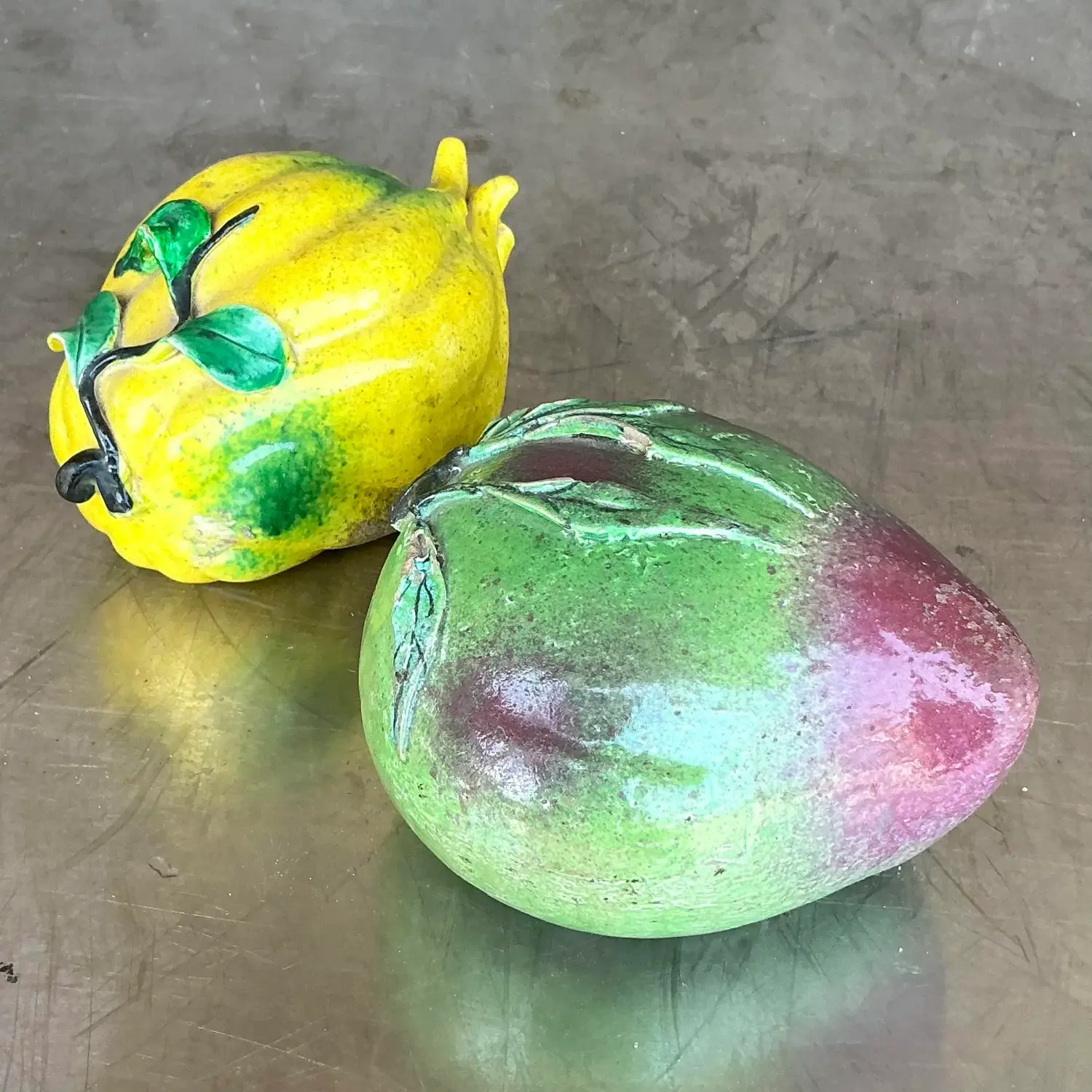 Vintage Regency Glazed Ceramic Altar Fruit - Set of 2 - Detail view