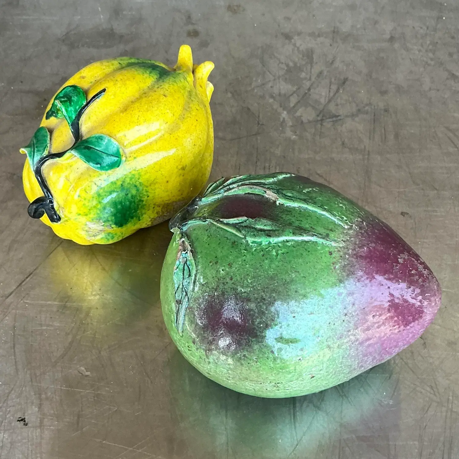 Vintage Regency Glazed Ceramic Altar Fruit - Set of 2 - Back view