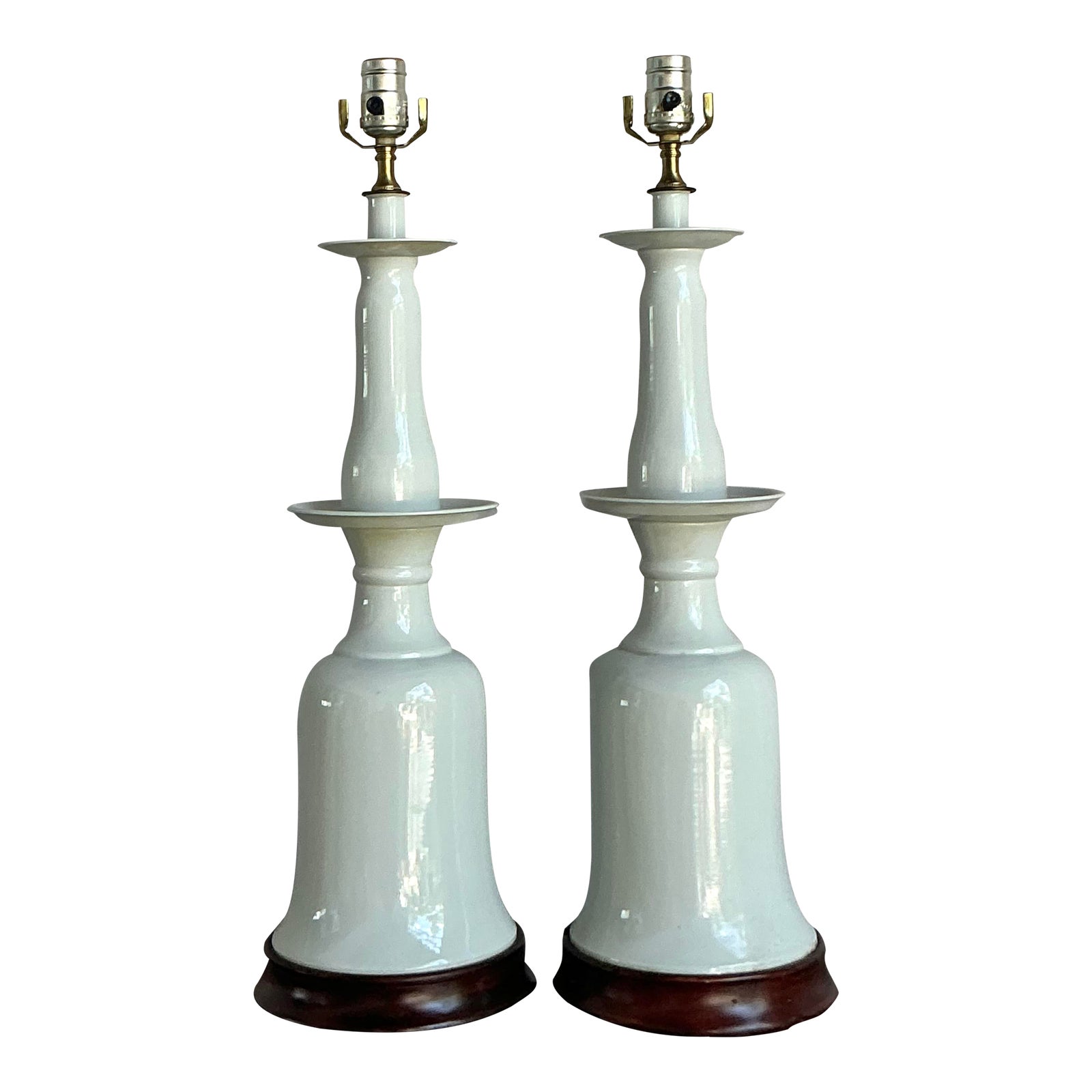 Vintage Regency Glazed Ceramic Bell Lamps - A Pair - Detail view