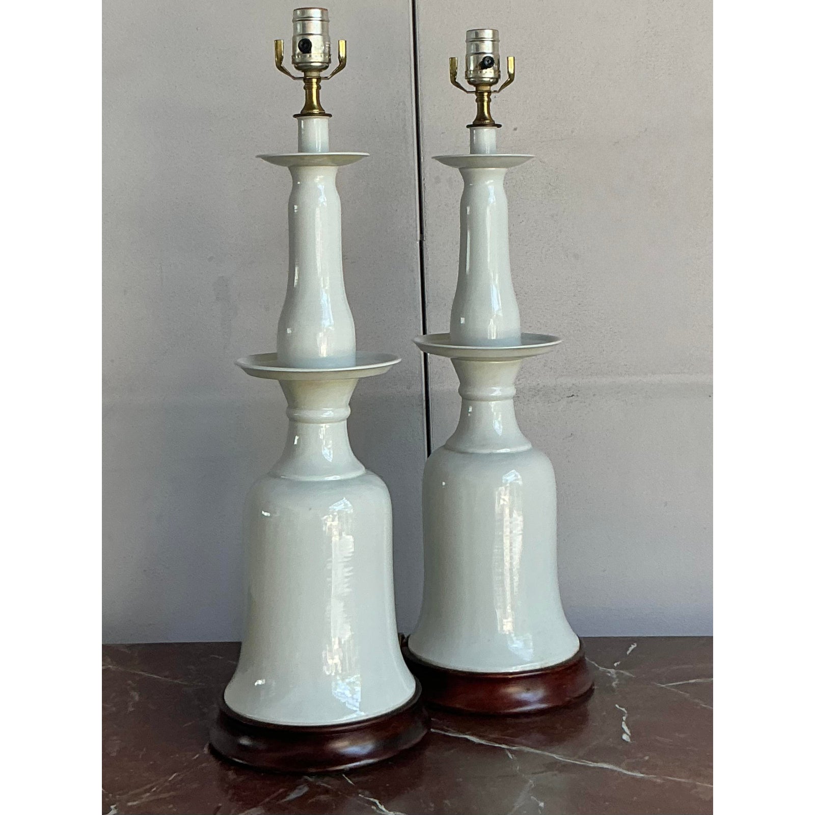 Vintage Regency Glazed Ceramic Bell Lamps - A Pair - Top view