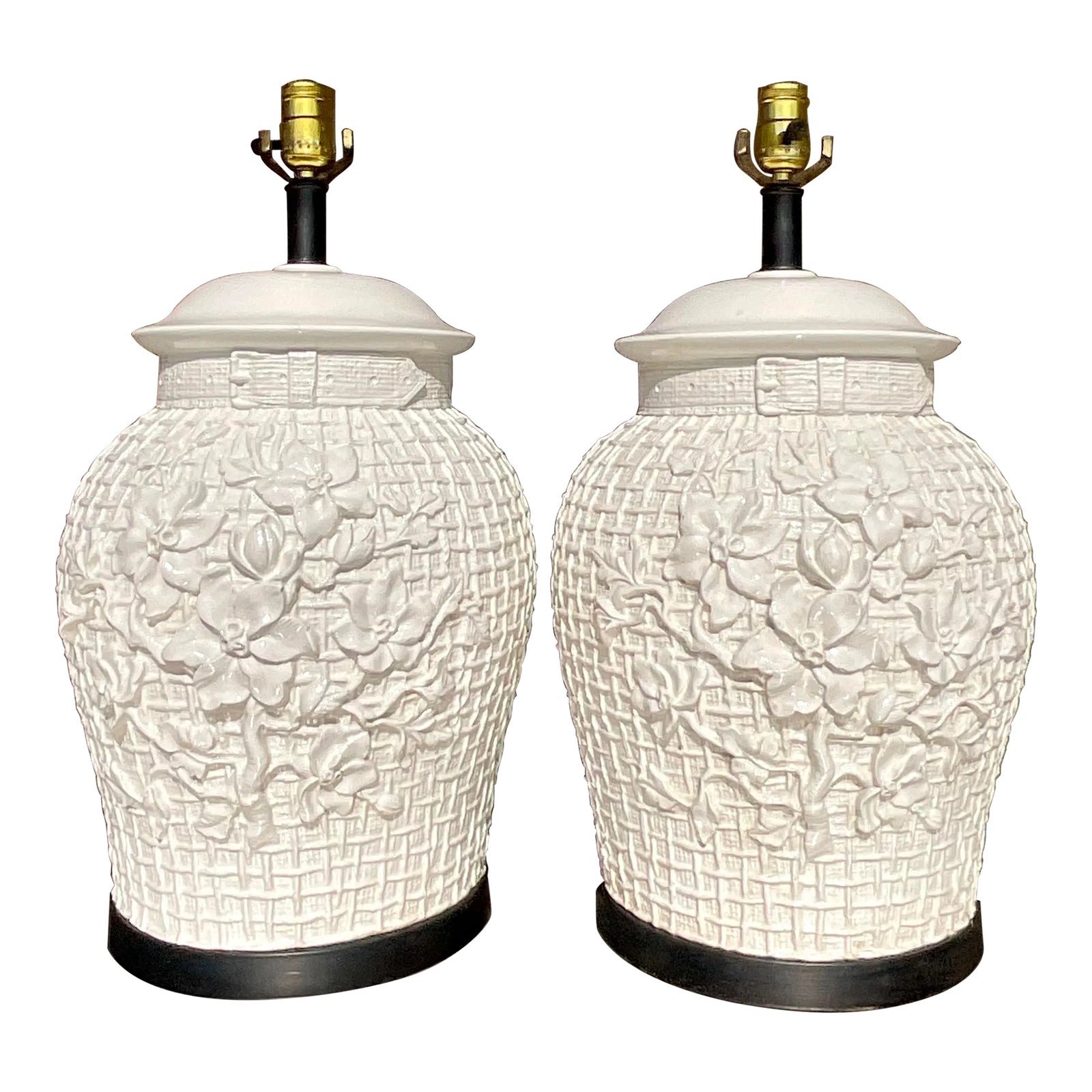 Vintage Regency Glazed Ceramic Floral Trellis Lamps - a Pair