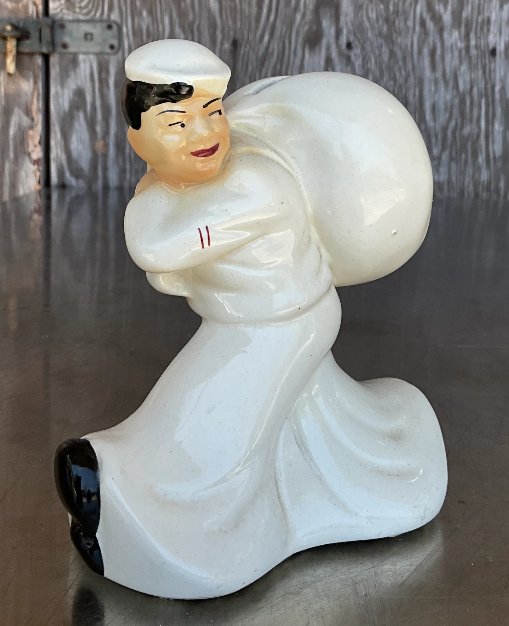 Vintage Regency Glazed Ceramic Navy Sailor Coin Bank - Top view