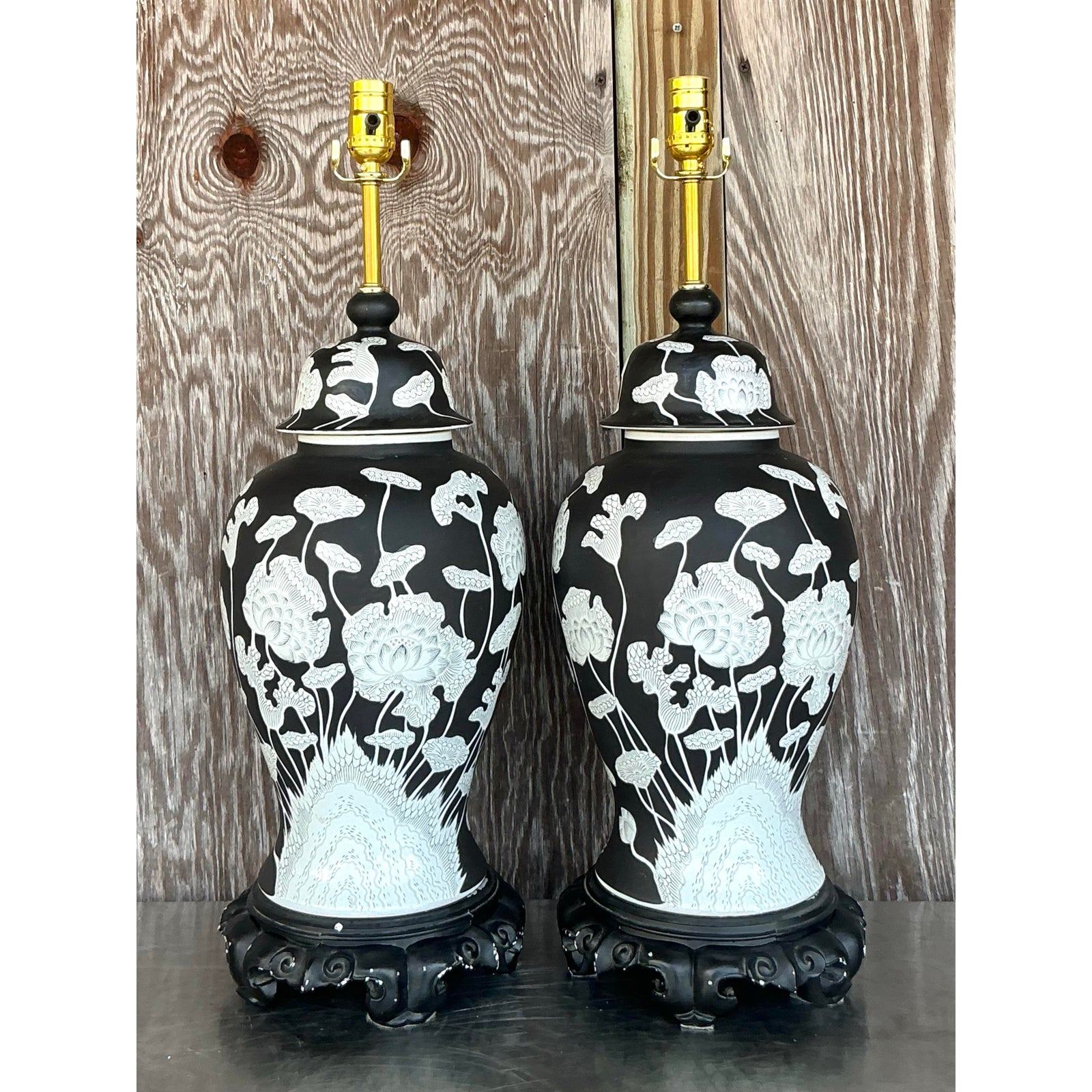 Vintage Regency Graphic Floral Ginger Jar Lamps - A Pair - Top view