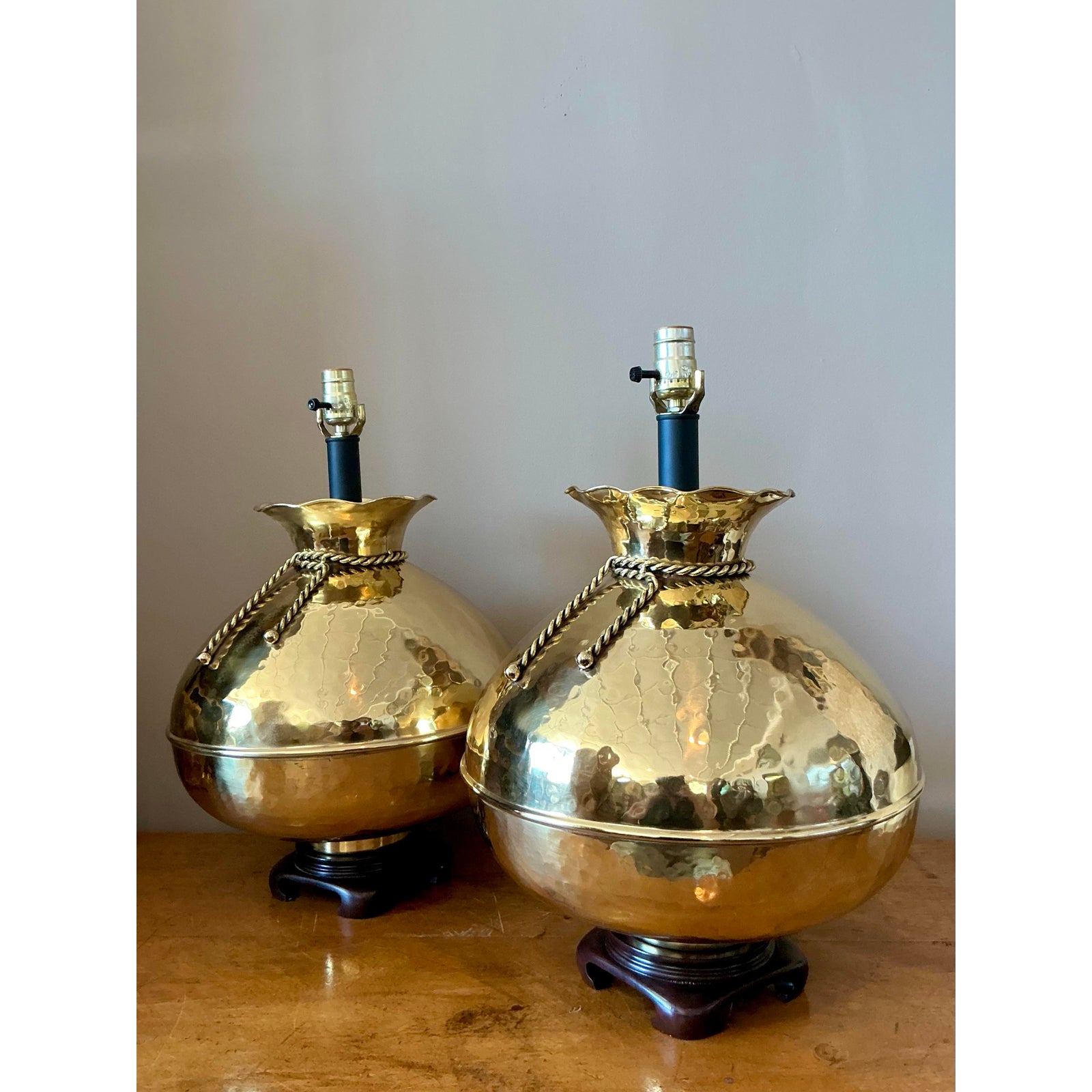 Vintage Regency Hammered Brass Bag Lamps - A Pair - Back view