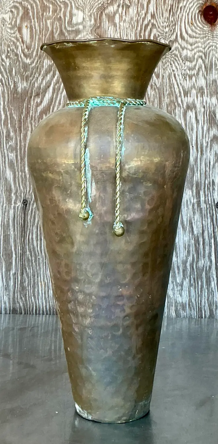 Vintage Regency Hammered Brass Tall Vase - Side view