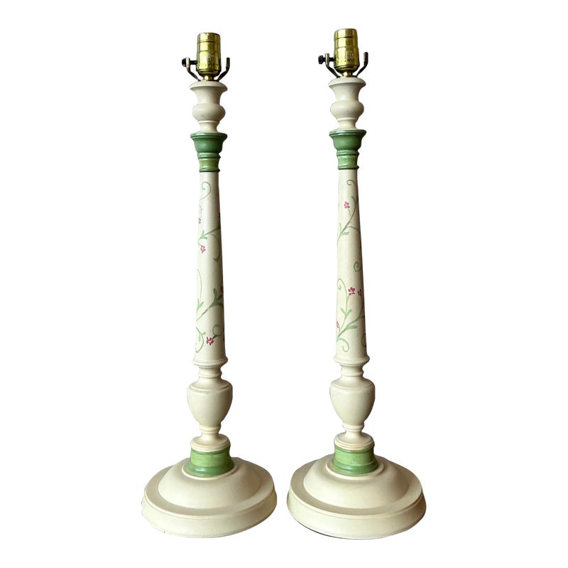 Vintage Regency Hand Painted Candlestick Lamps - A Pair - Detail view