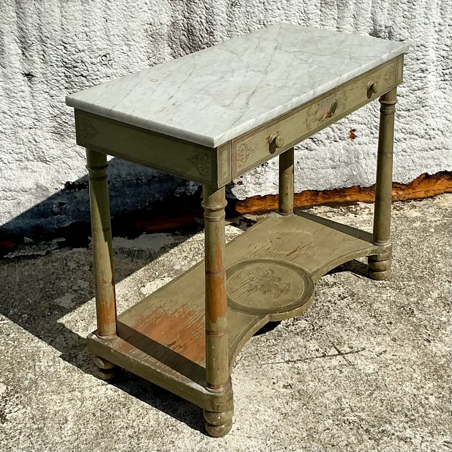 Vintage Regency Hand Painted Crest Stone Top Table - Side view