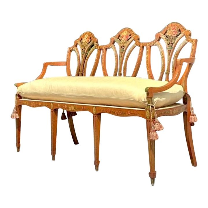Vintage Regency Hand Painted Sheraton Satinwood Cane Bench