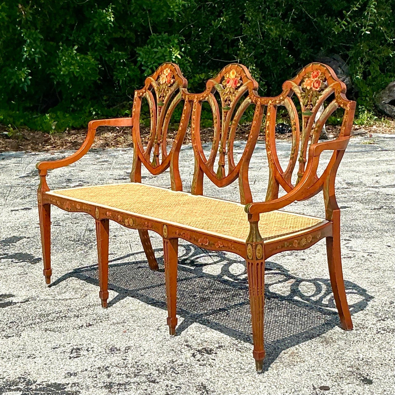Vintage Regency Hand Painted Sheraton Satinwood Cane Bench - Detail view