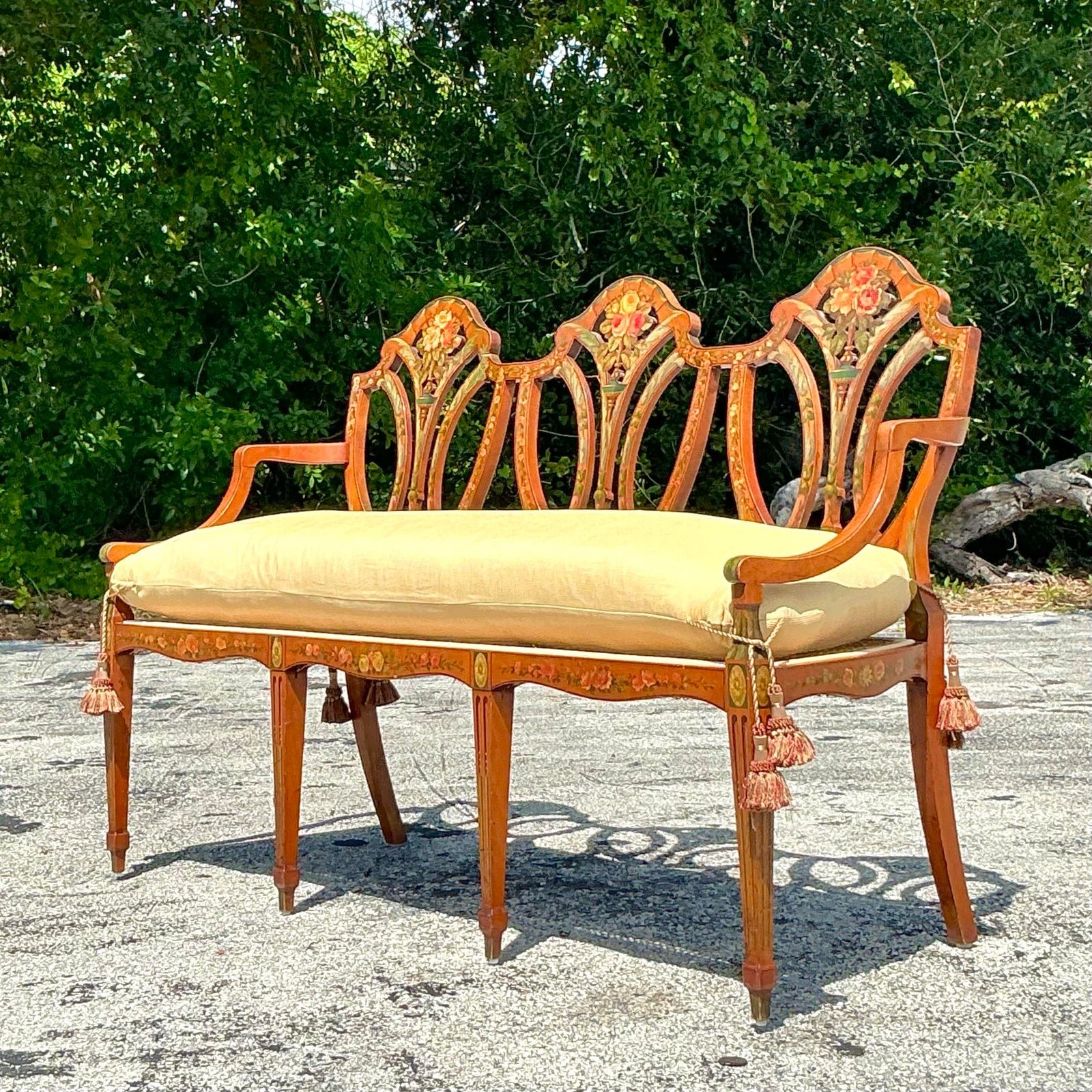 Vintage Regency Hand Painted Sheraton Satinwood Cane Bench - Side view