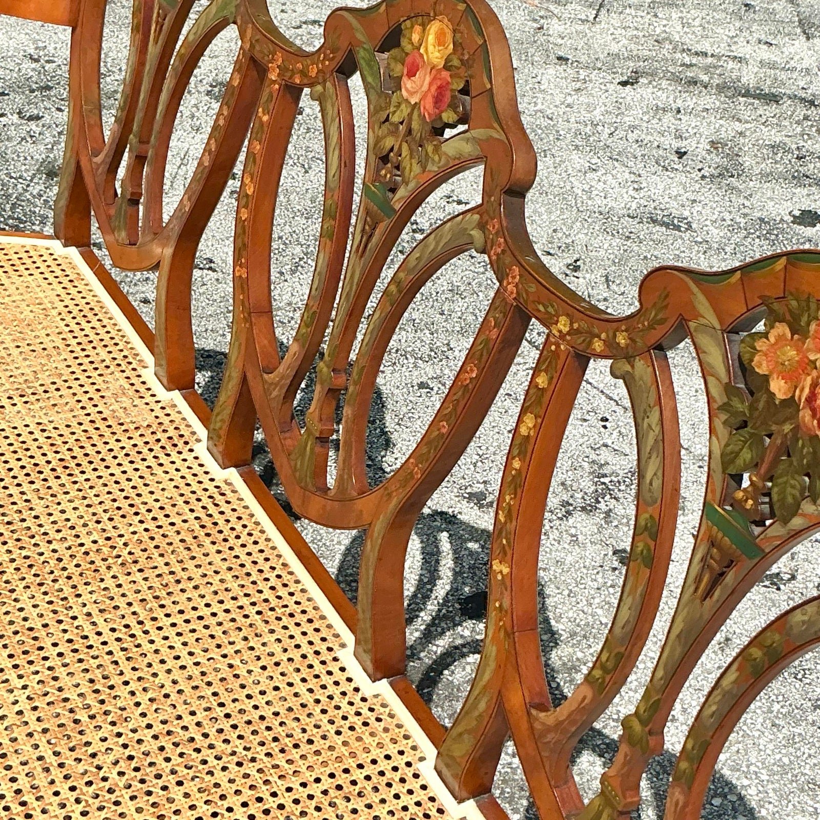 Vintage Regency Hand Painted Sheraton Satinwood Cane Bench - Top view
