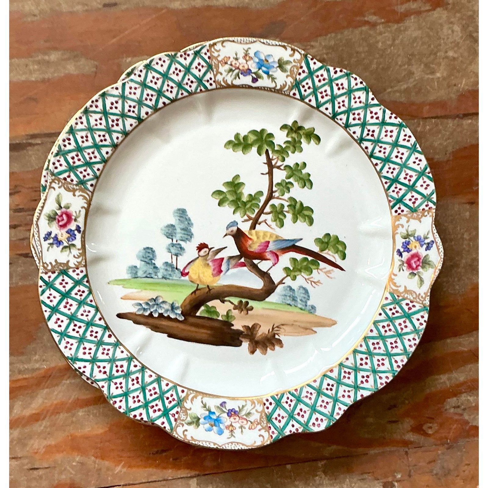 Vintage Regency Hand Painted Trellis Plates - A Pair - Detail view