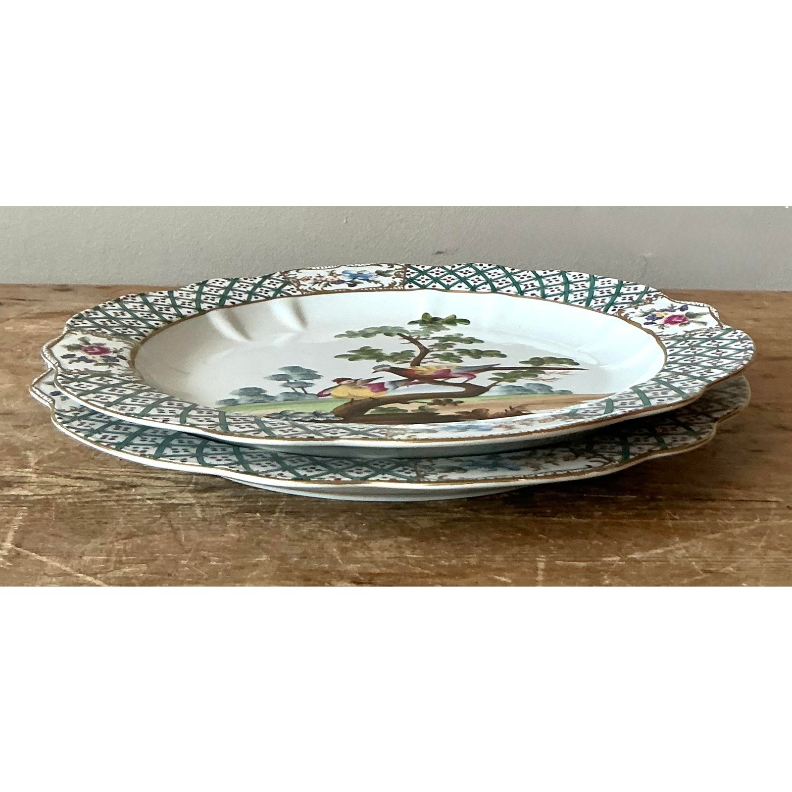 Vintage Regency Hand Painted Trellis Plates - A Pair - Top view