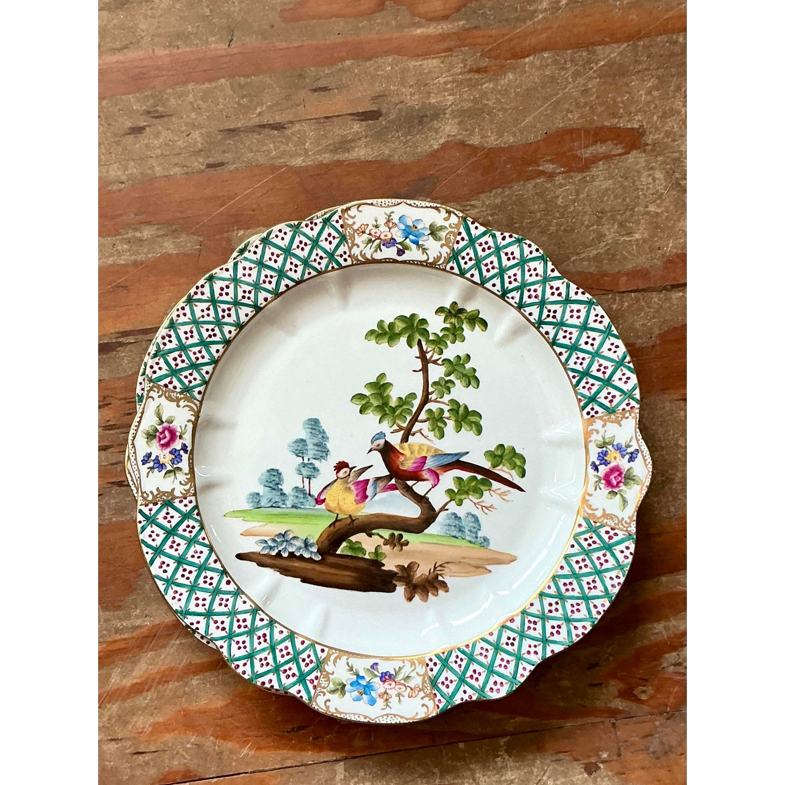 Vintage Regency Hand Painted Trellis Plates - A Pair - Side view