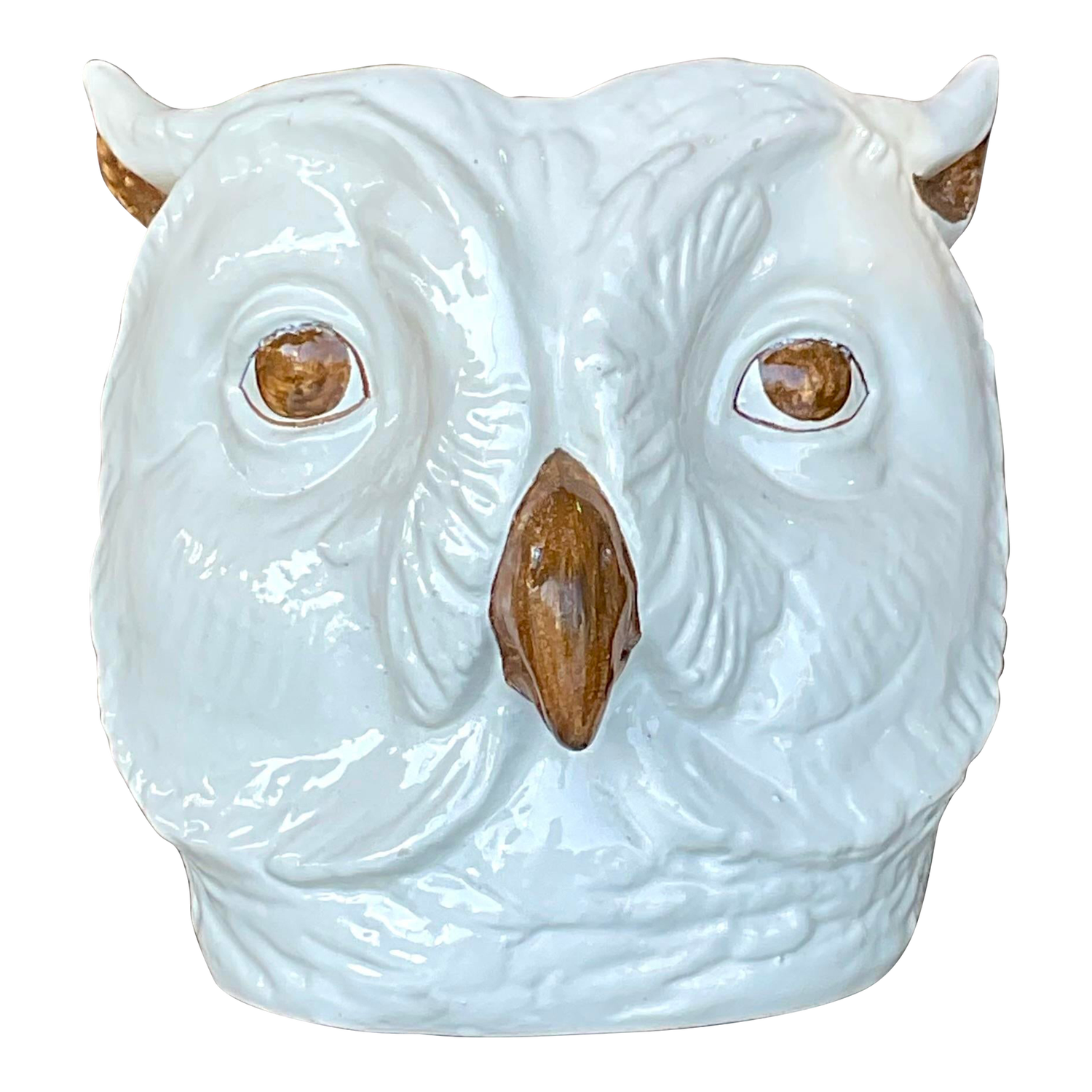 Vintage Regency Italian Hand Painted Owl Cache Pot - Detail view