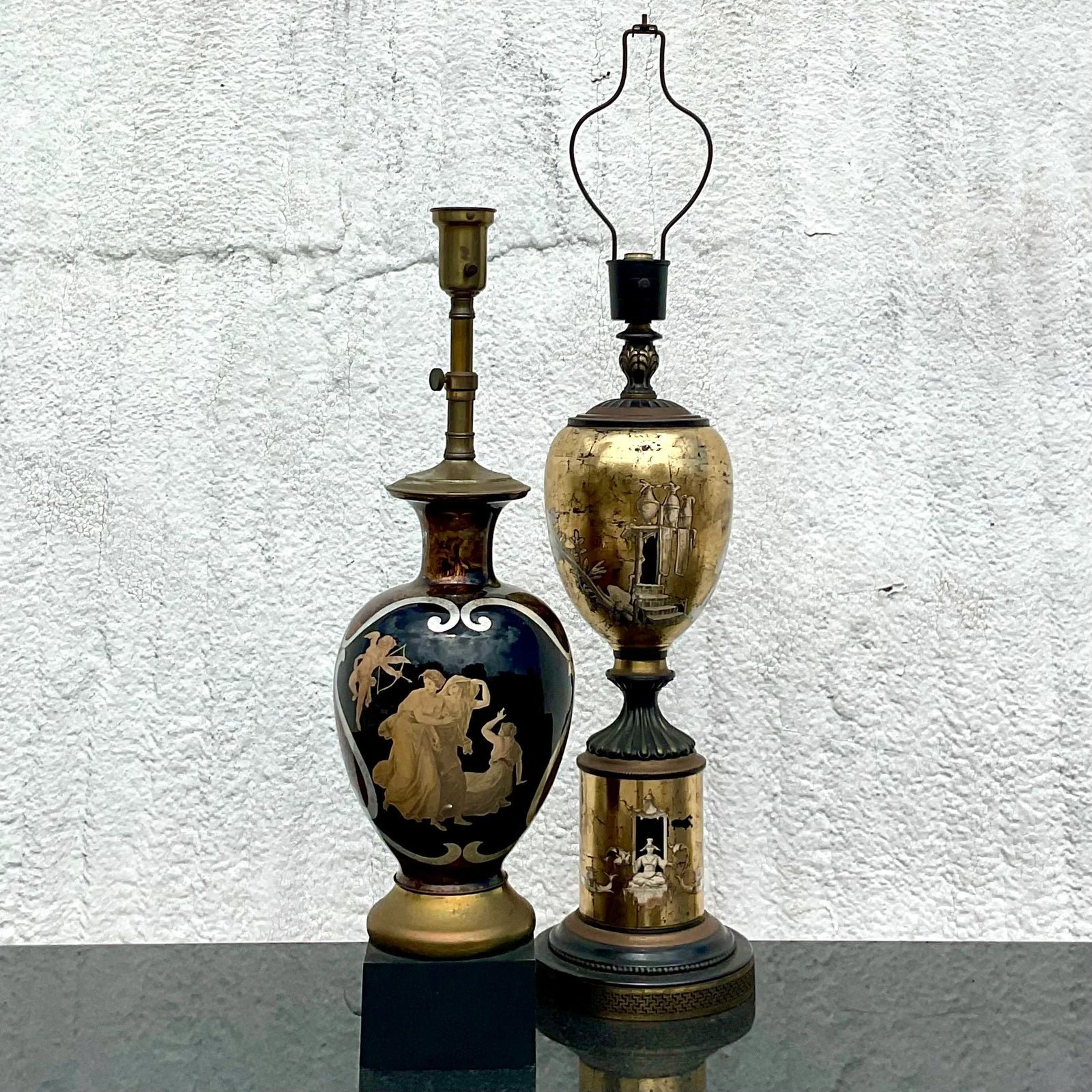 Vintage Regency Italian Reverse Painted Glass Lamp After Fornasetti - Back view