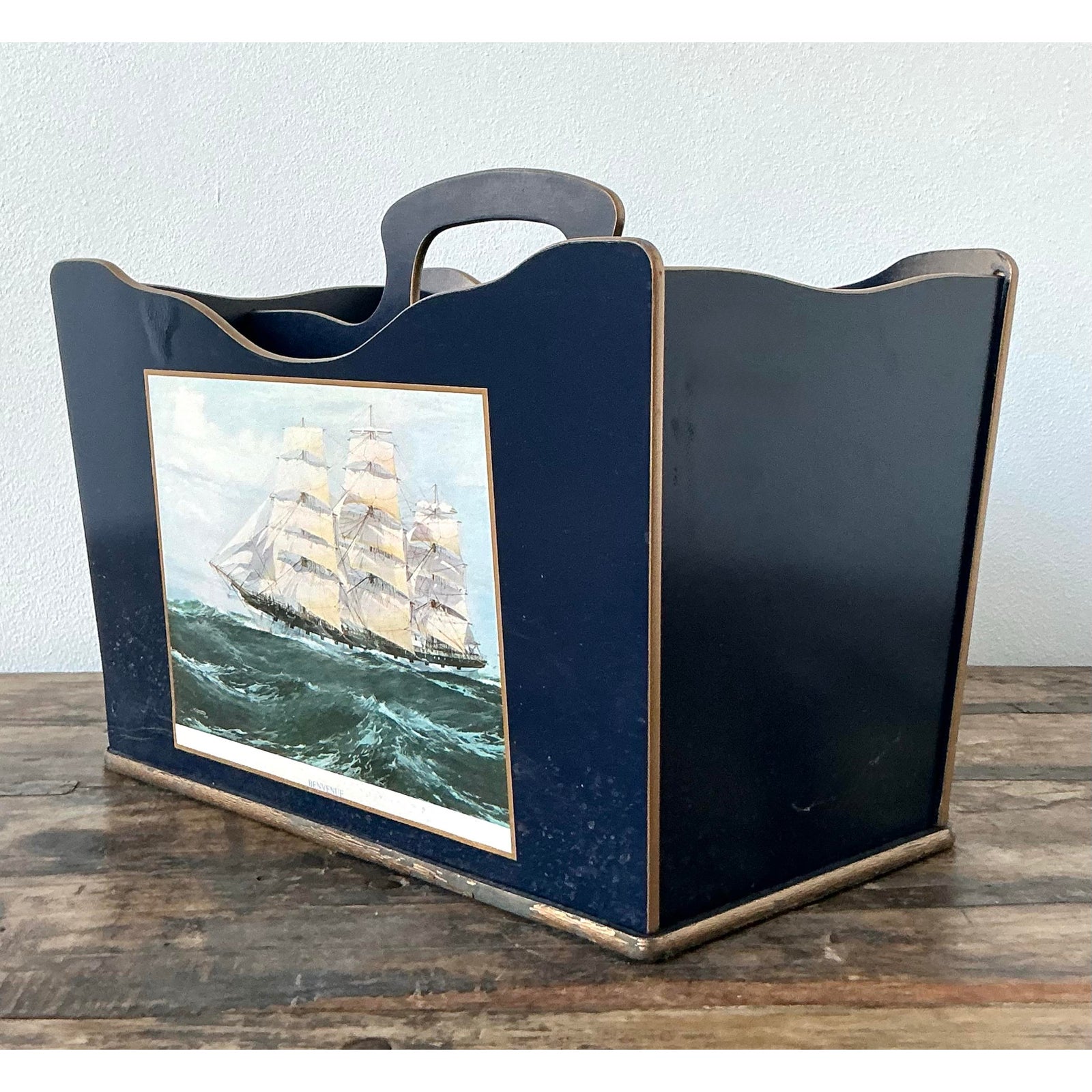 Vintage Regency Lacquered Sail Boat Newspaper Rack - Detail view
