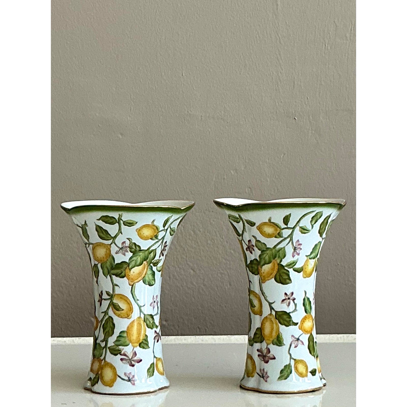Vintage Regency Lemon Branch Cache Pots - A Pair - Side view
