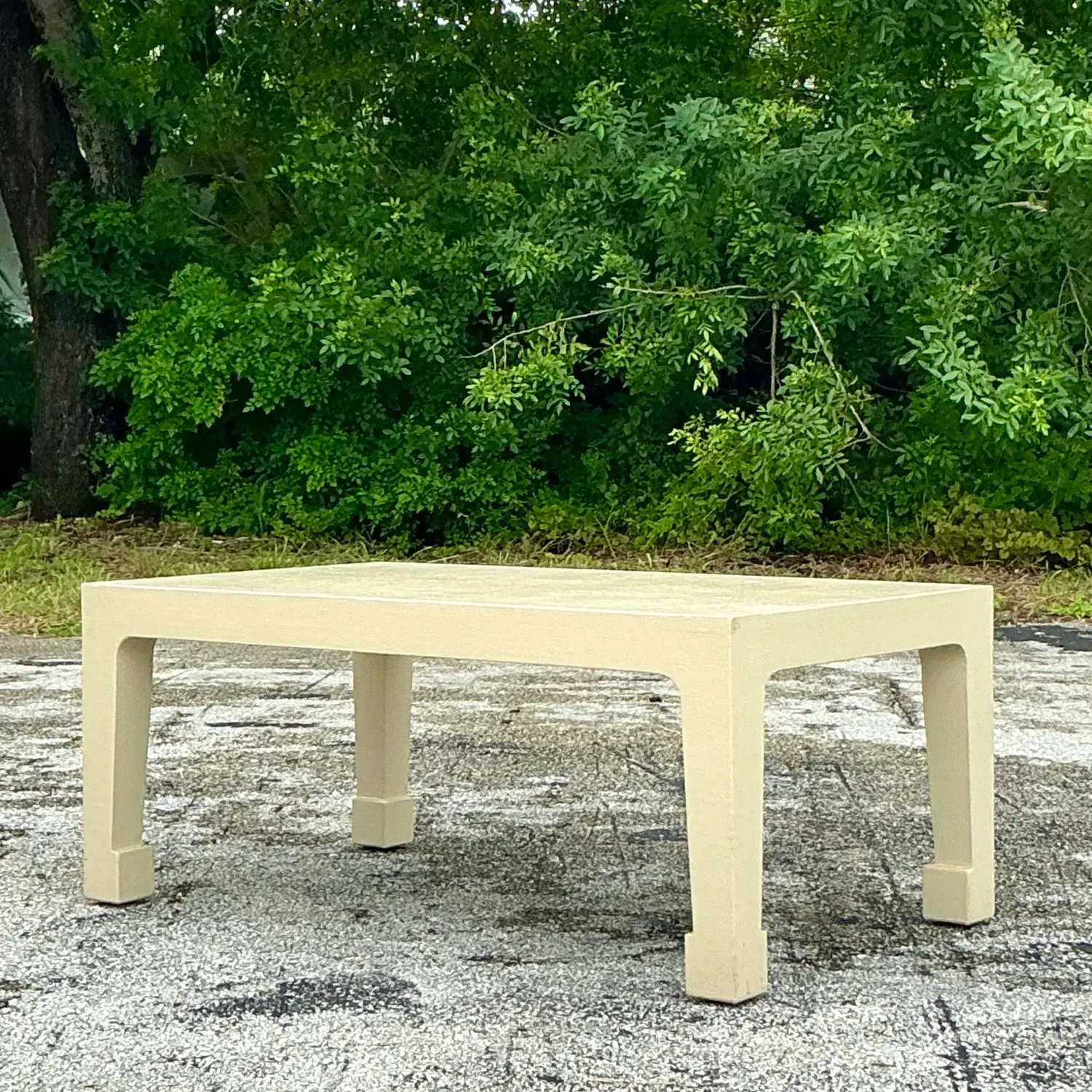 Vintage Regency Linen Wrapped Coffee Table After Harrison Van Horn - Back view