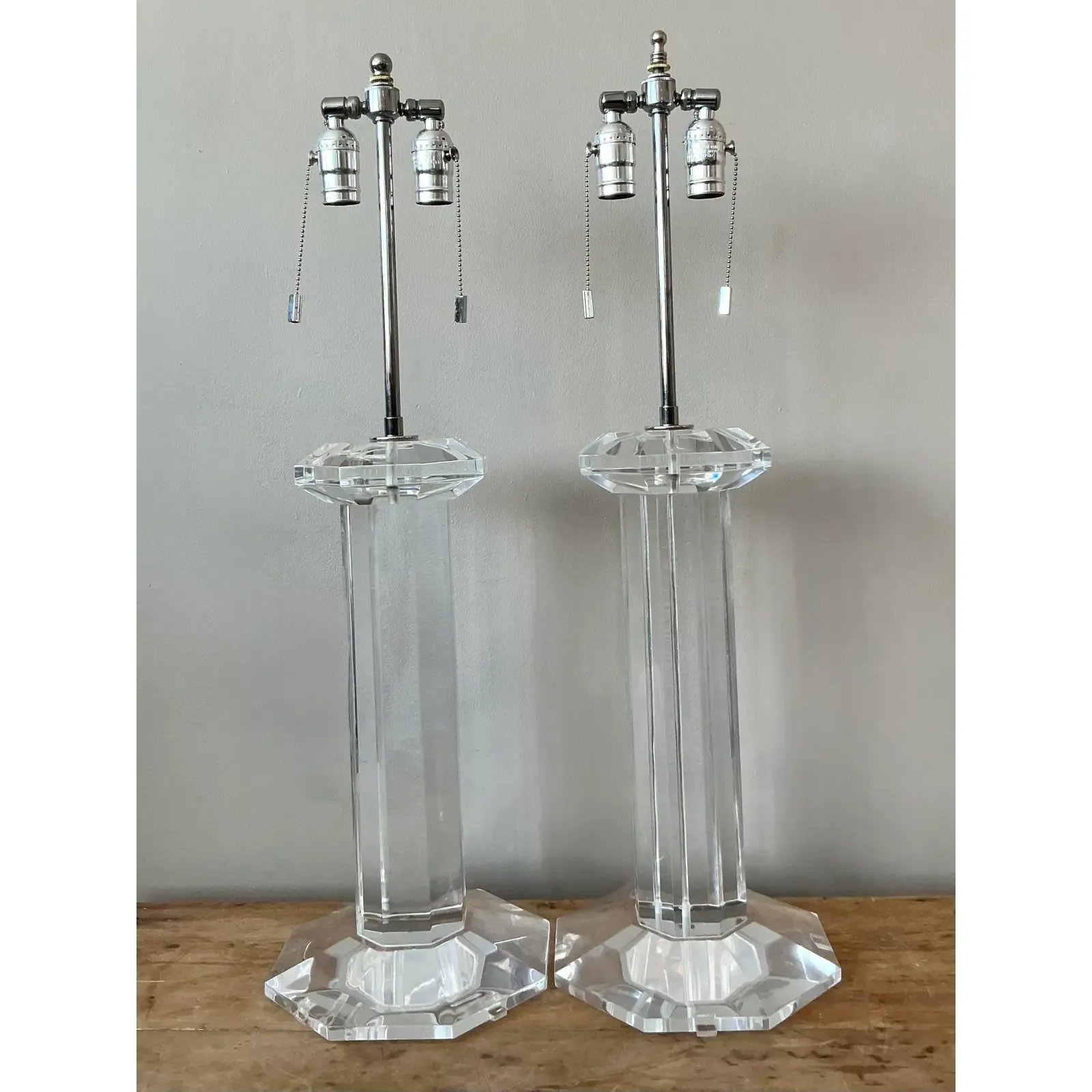 Vintage Regency Lucite Column Lamps - A Pair - Side view