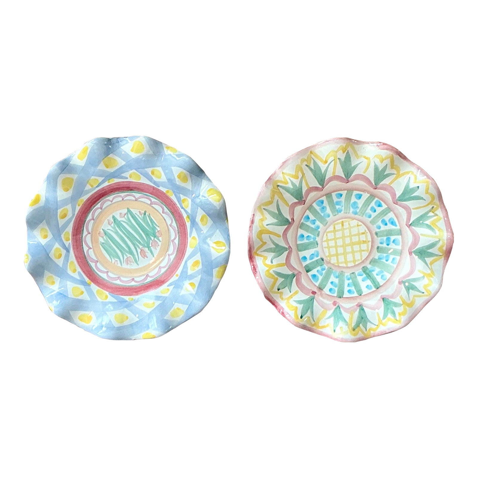 Vintage Regency Mackenzie Childs Glazed Ceramic Ruffle Plates - Set of 2-