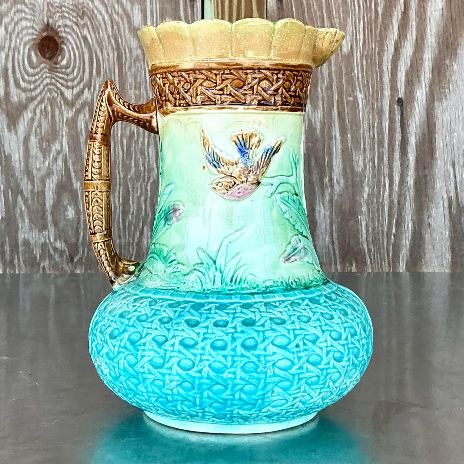 Vintage Regency Majolica Birds Vase Pitcher - Detail view