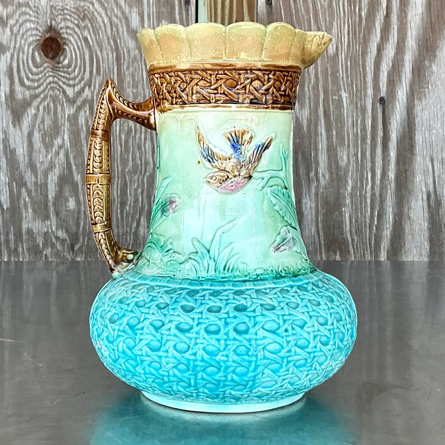 Vintage Regency Majolica Birds Vase Pitcher - Side view