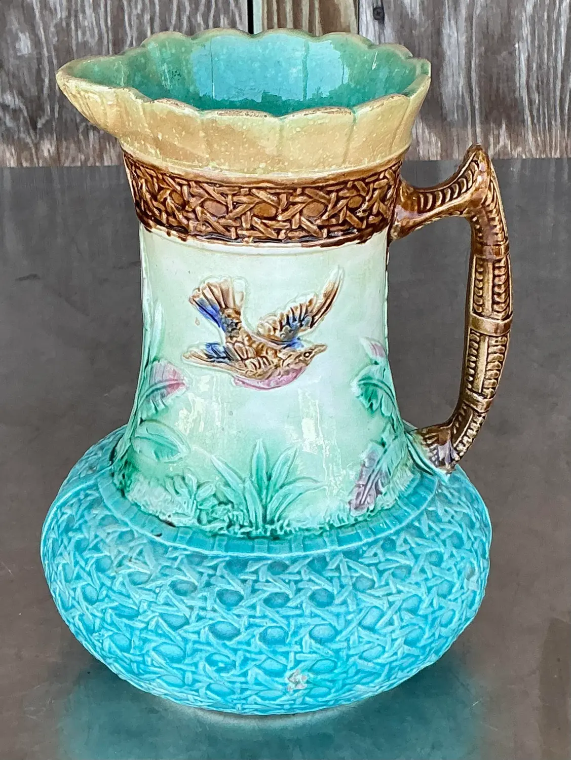 Vintage Regency Majolica Birds Vase Pitcher - Back view