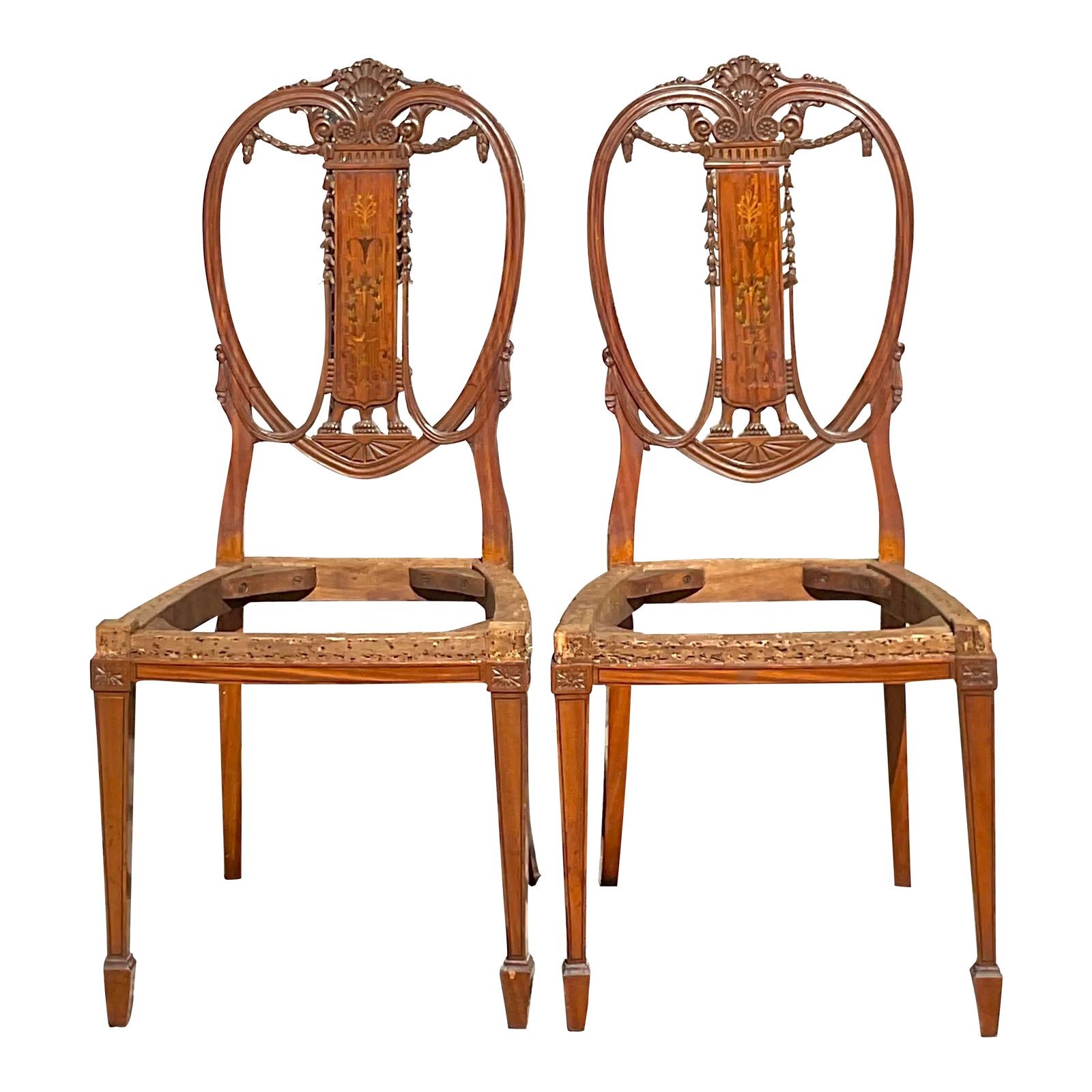 Vintage Regency Marquetry Balloon Back Chairs - a Pair