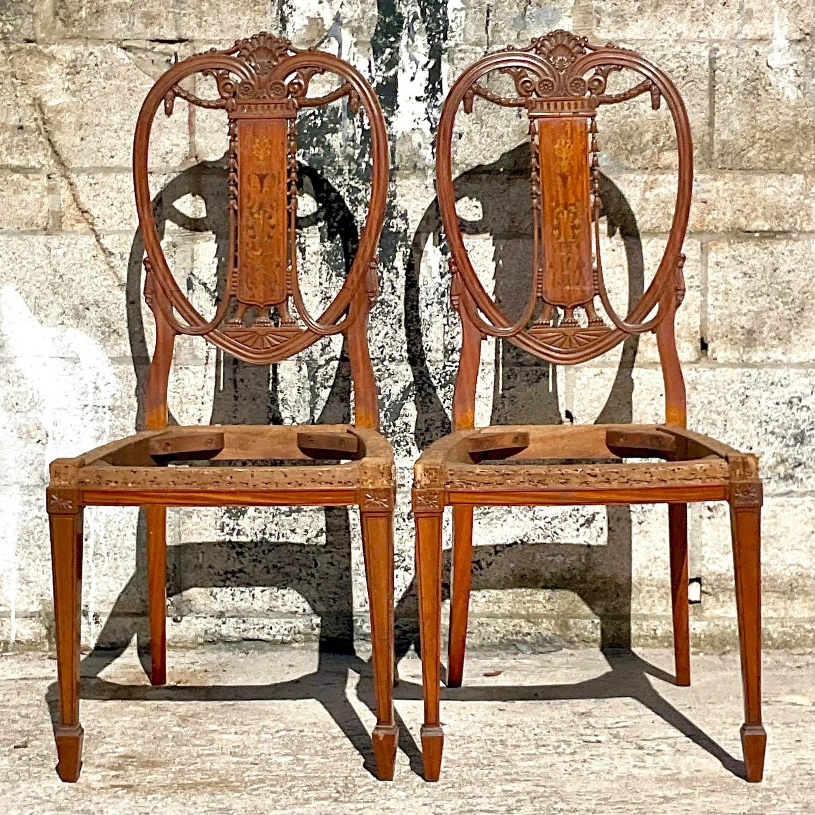 Vintage Regency Marquetry Balloon Back Chairs - a Pair - Detail view