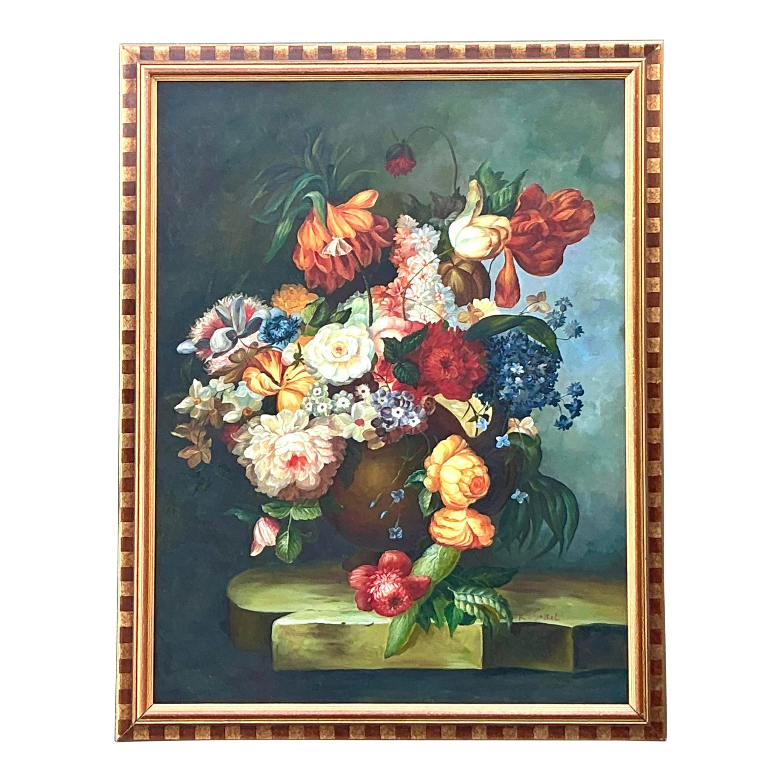 Vintage Regency Monumental Botanical Oil Painting on Canvas