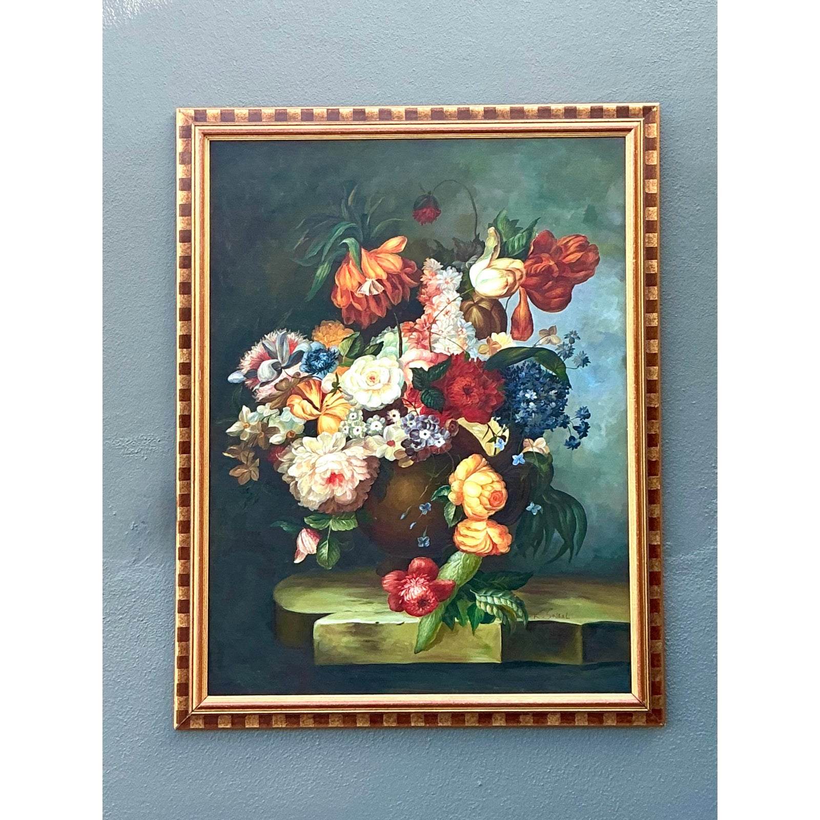 Vintage Regency Monumental Botanical Oil Painting on Canvas - Top view