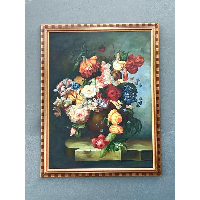 Vintage Regency Monumental Botanical Oil Painting on Canvas - Detail view