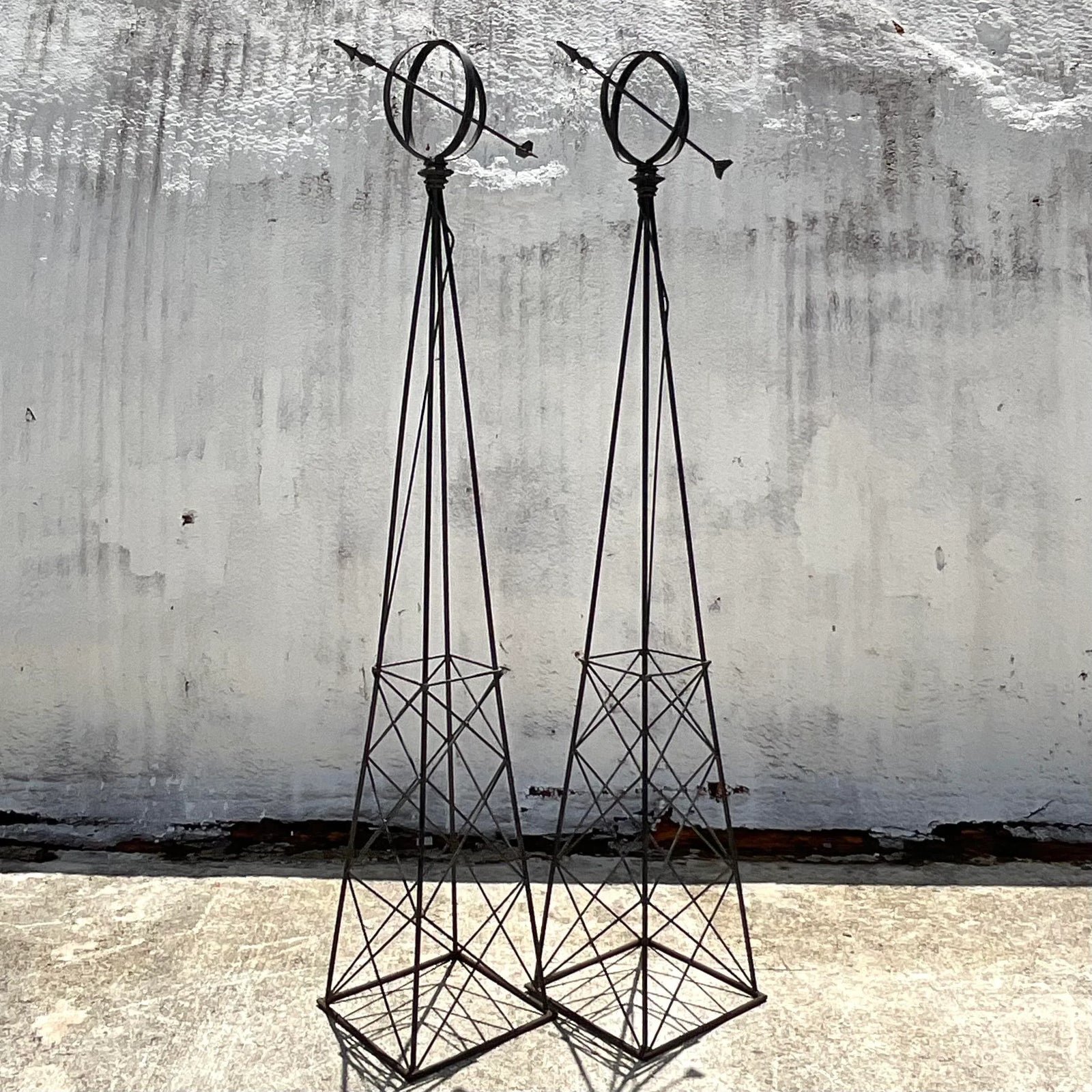 Vintage Regency Monumental Wrought Iron Sundials - a Pair - Back view