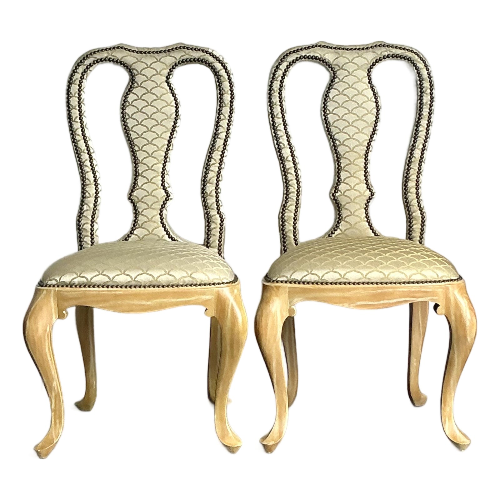 Vintage Regency Nailhead Queen Anne Dining Chairs - A Pair - Detail view