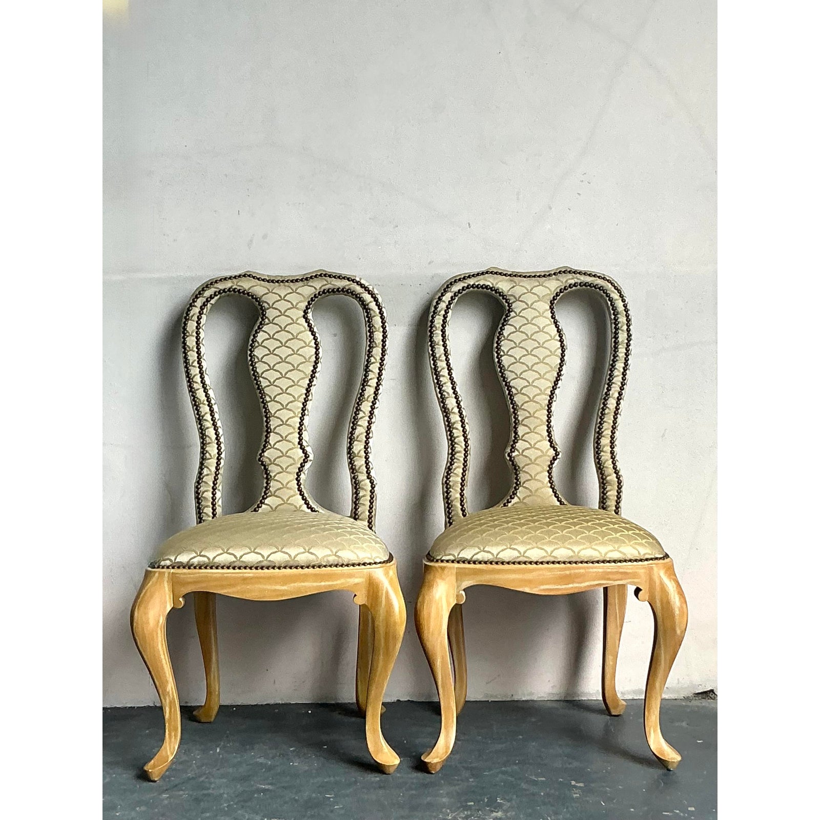 Vintage Regency Nailhead Queen Anne Dining Chairs - A Pair - Top view