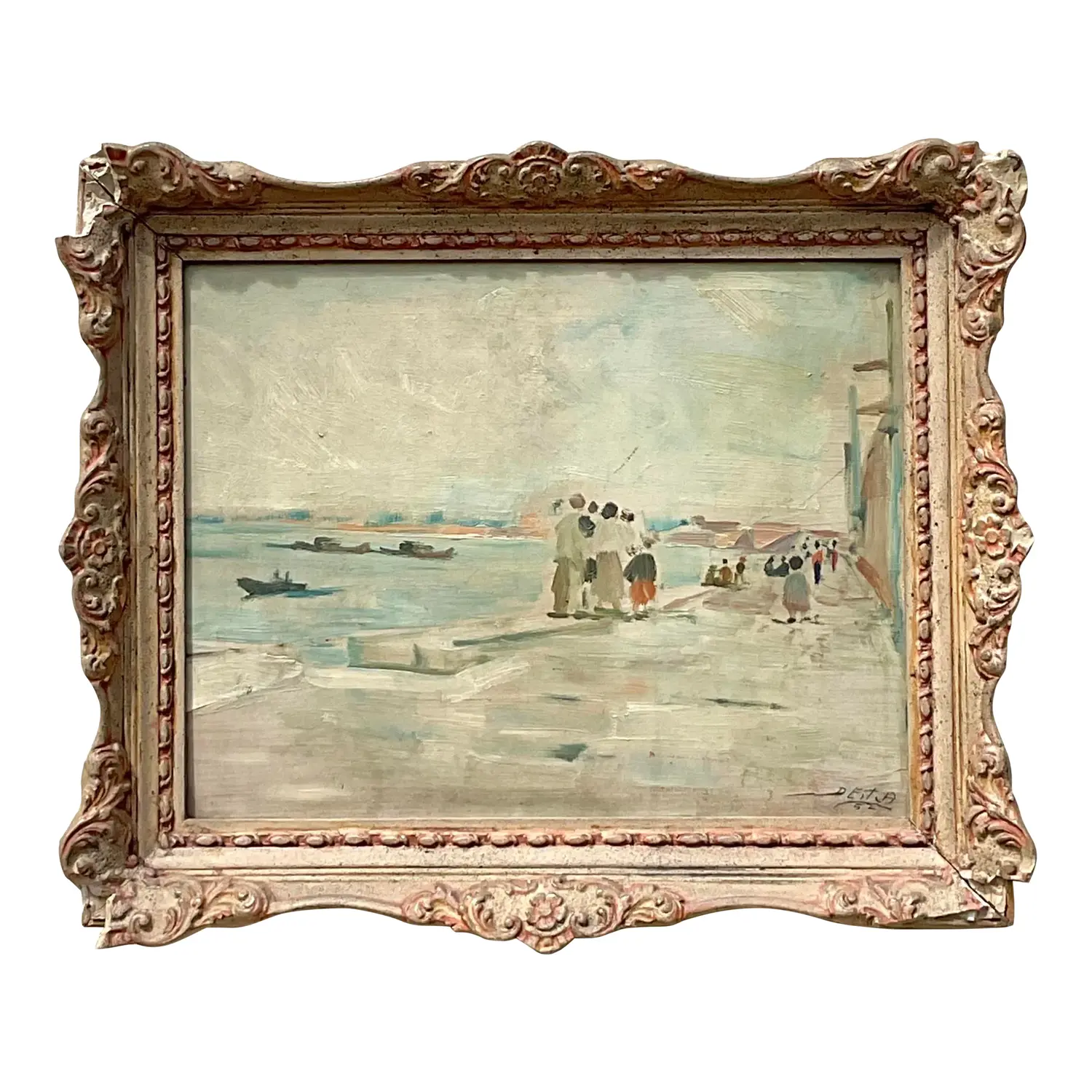Vintage Regency Original Figurative Seascape Oil Painting on Board