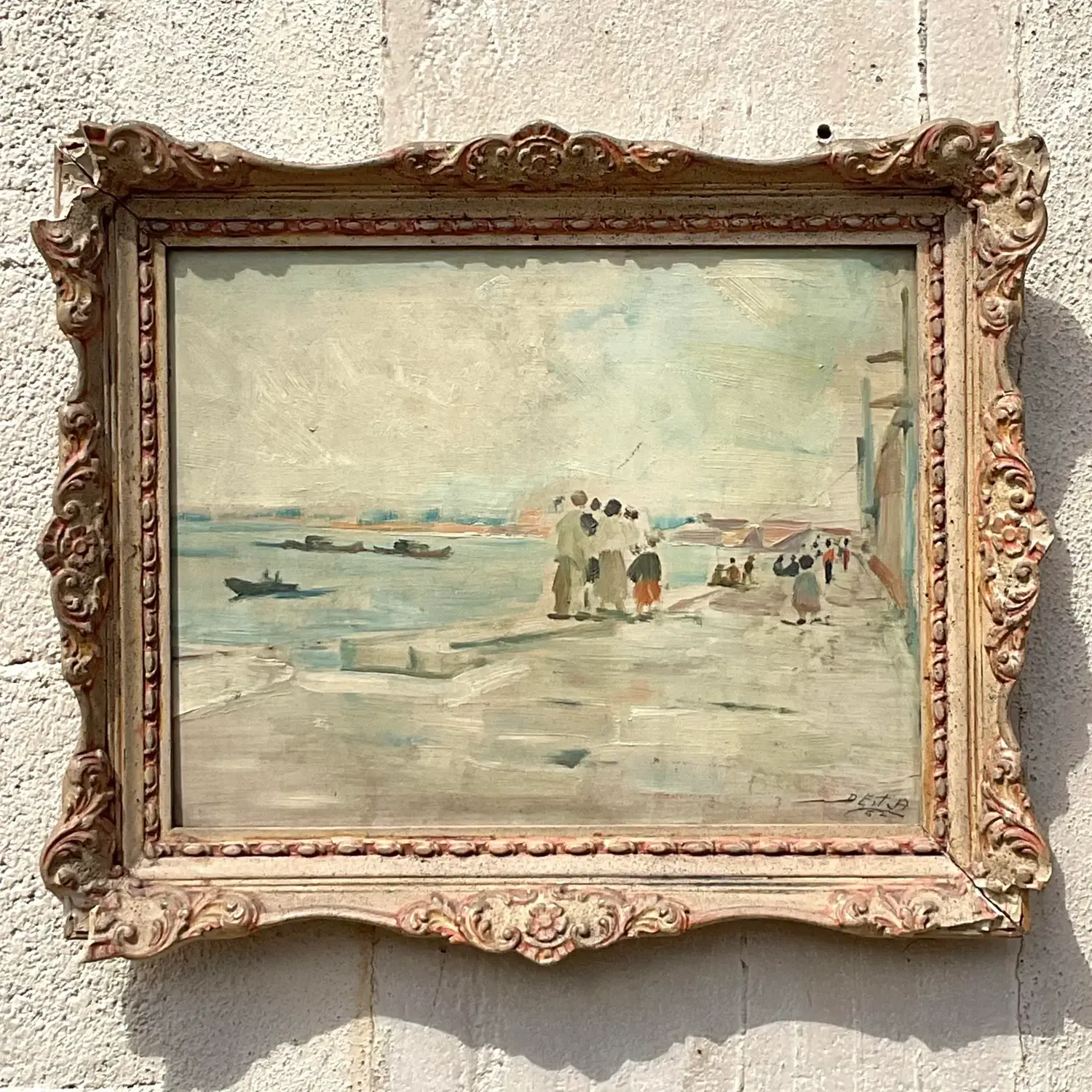 Vintage Regency Original Figurative Seascape Oil Painting on Board - Side view