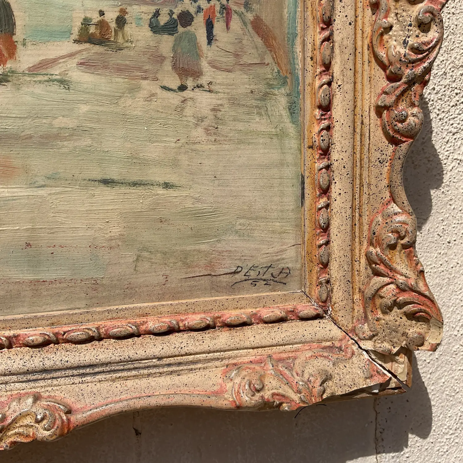 Vintage Regency Original Figurative Seascape Oil Painting on Board - Back view