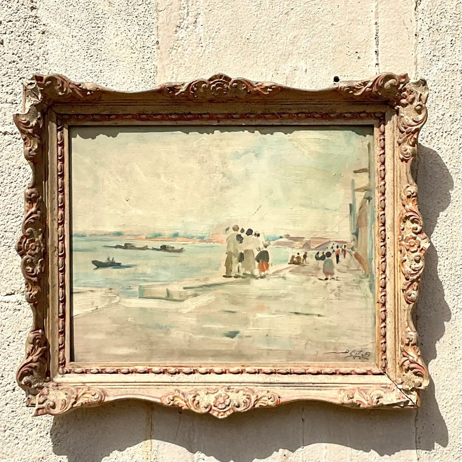 Vintage Regency Original Figurative Seascape Oil Painting on Board - Detail view