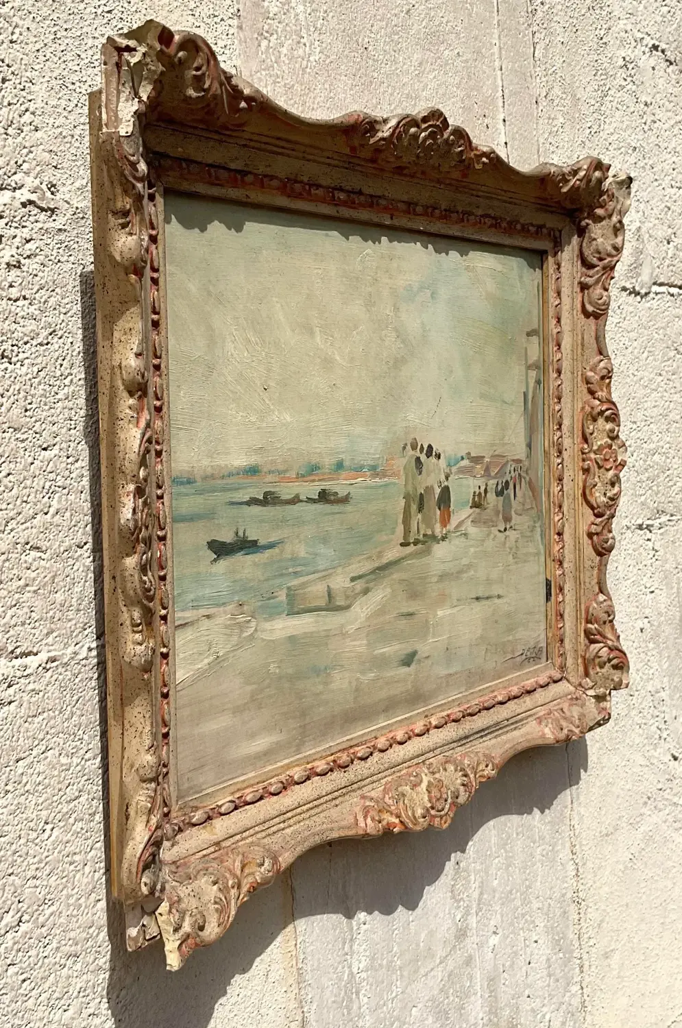 Vintage Regency Original Figurative Seascape Oil Painting on Board - Top view