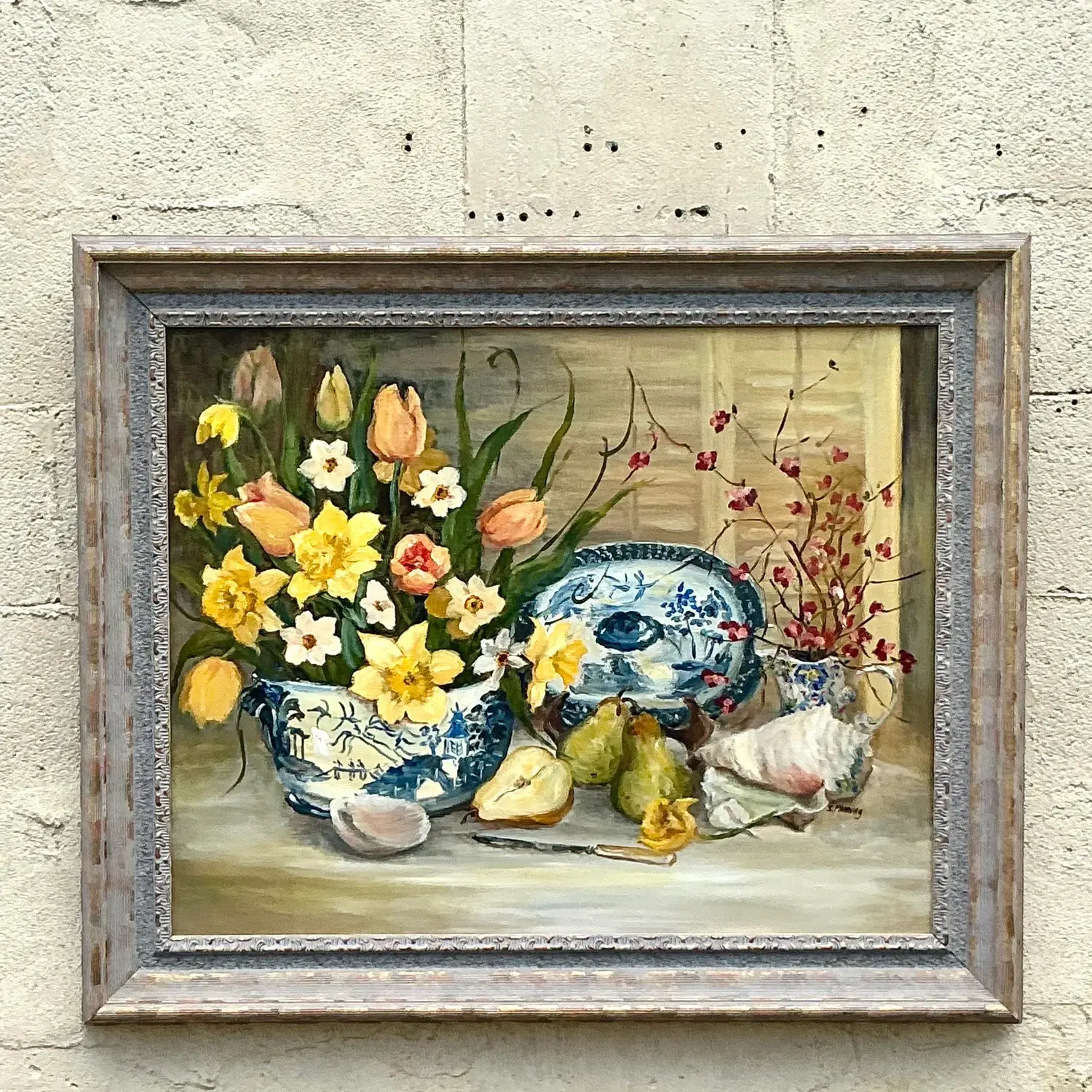 Vintage Regency Original Floral Still Life Painting on Canvas - Detail view