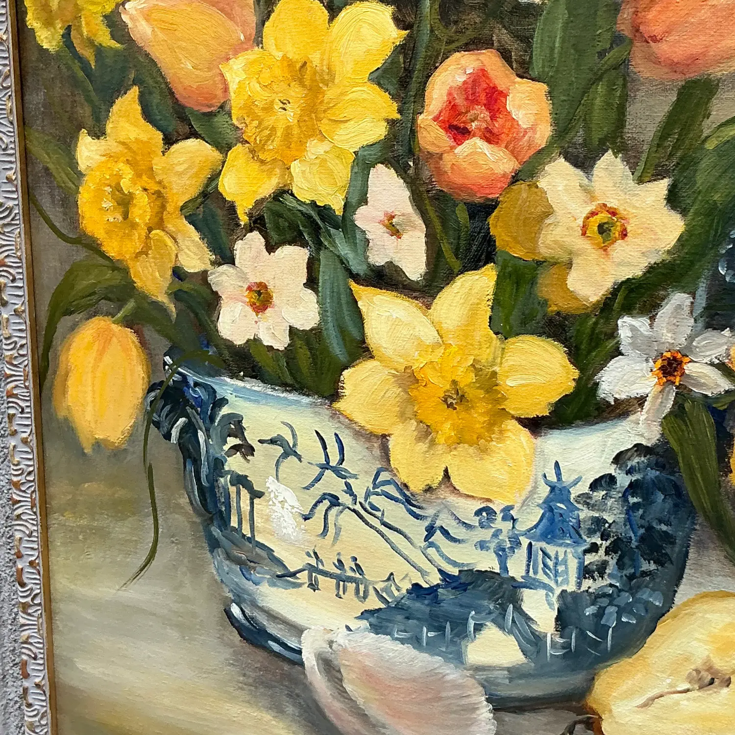 Vintage Regency Original Floral Still Life Painting on Canvas - Side view