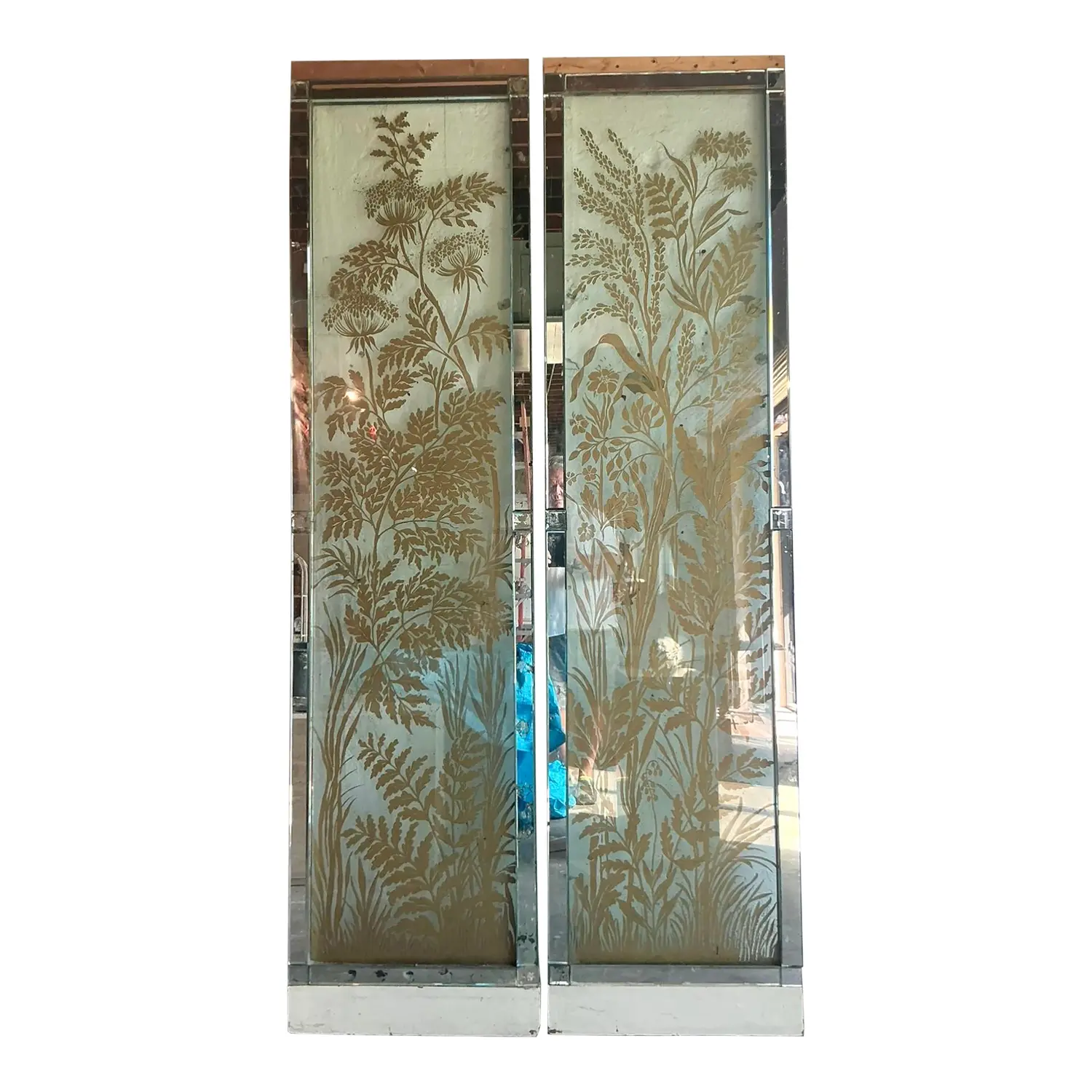 Vintage Regency Original Mizner Floral Glass Architectural Panels - A Pair
