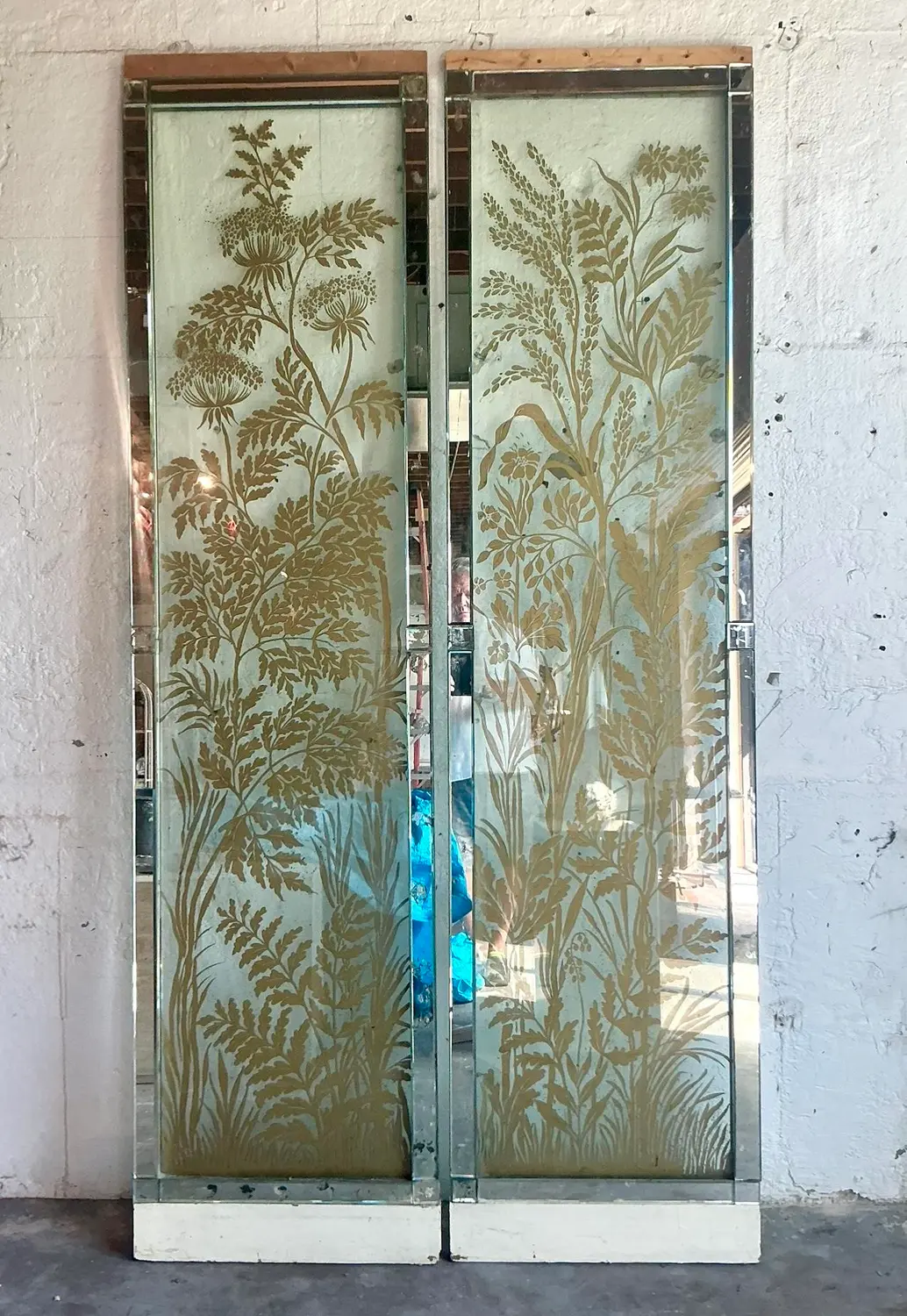 Vintage Regency Original Mizner Floral Glass Architectural Panels - A Pair - Side view