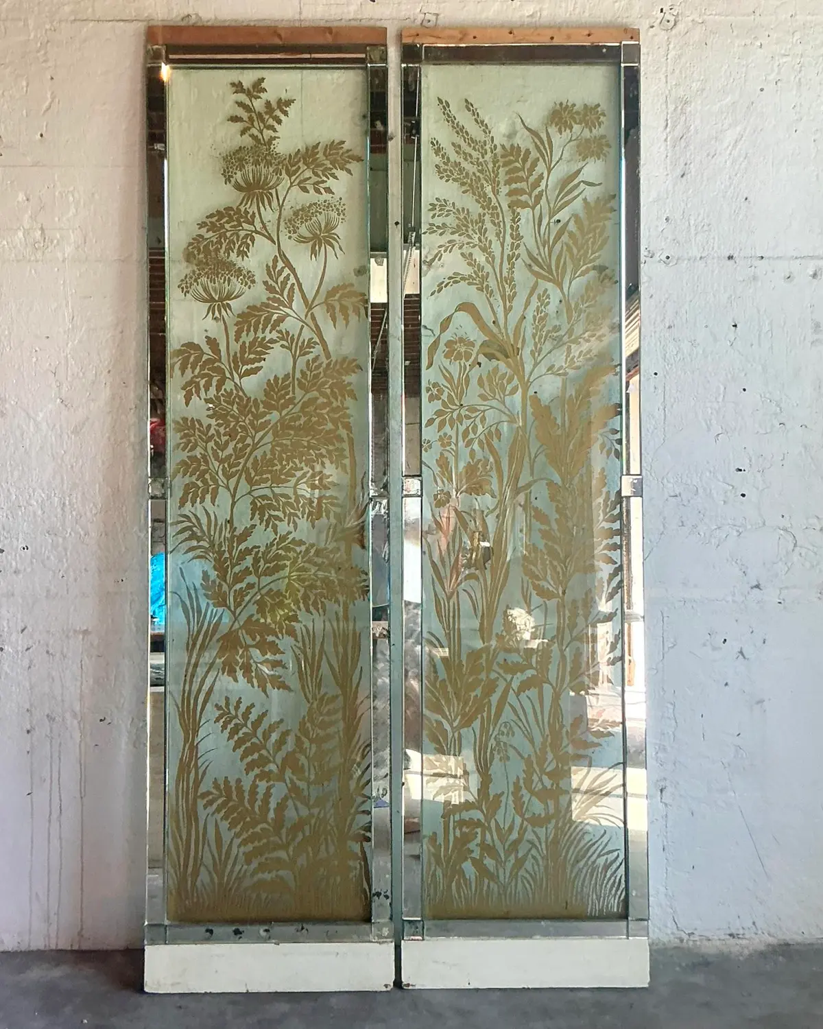 Vintage Regency Original Mizner Floral Glass Architectural Panels - A Pair - Back view